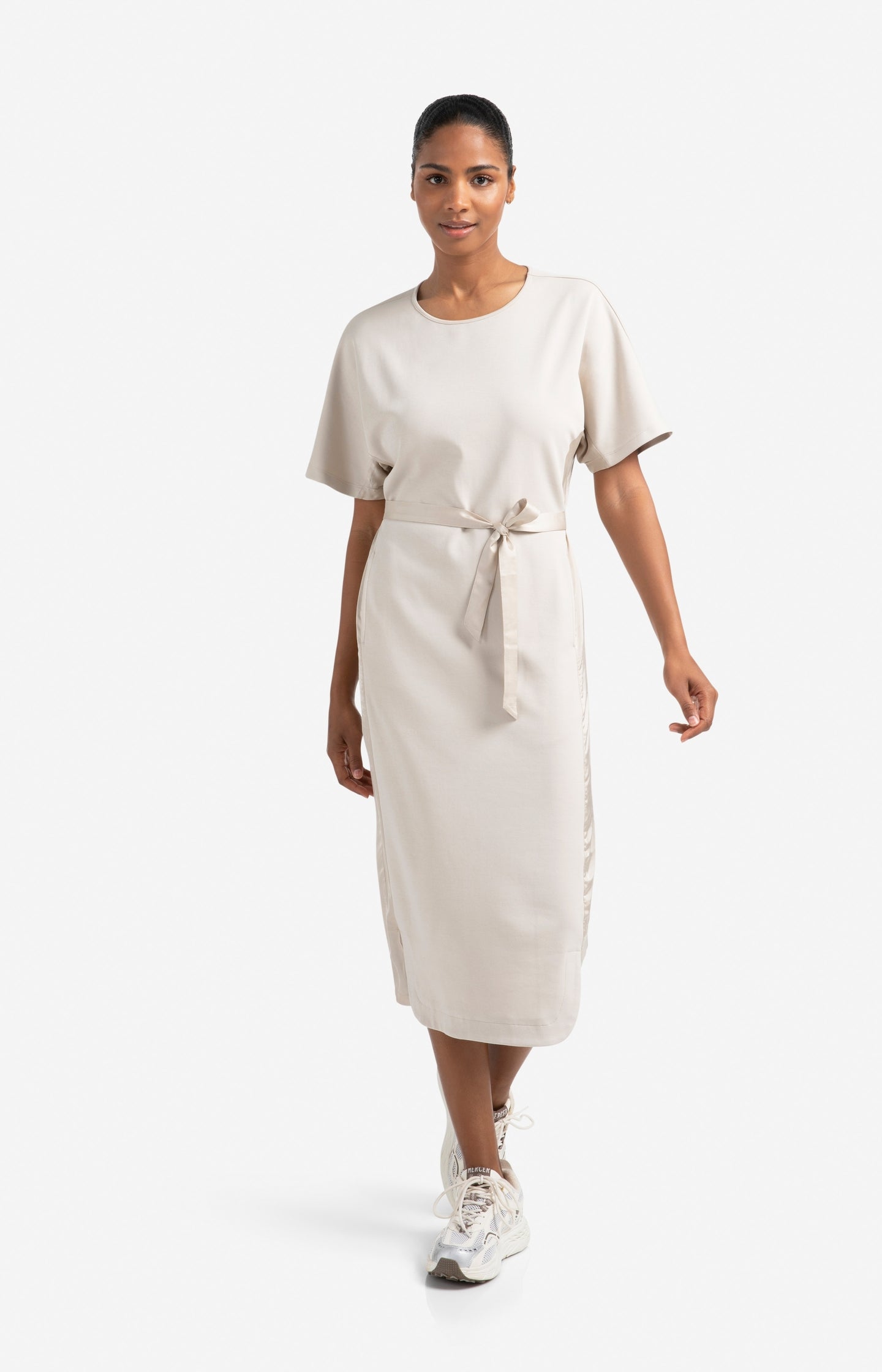Fabric mix midi dress with tie belt