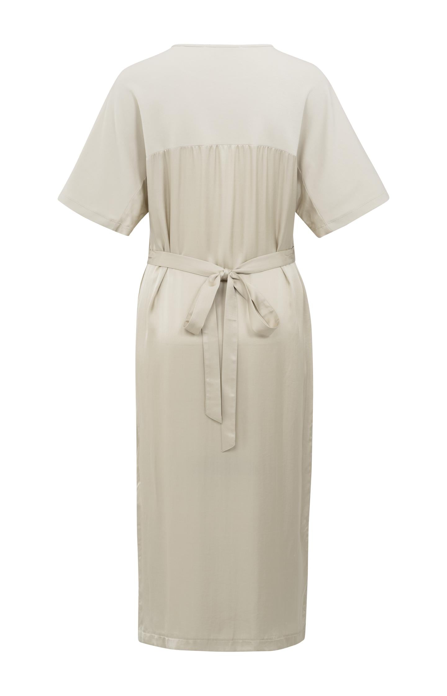 Fabric mix midi dress with tie belt