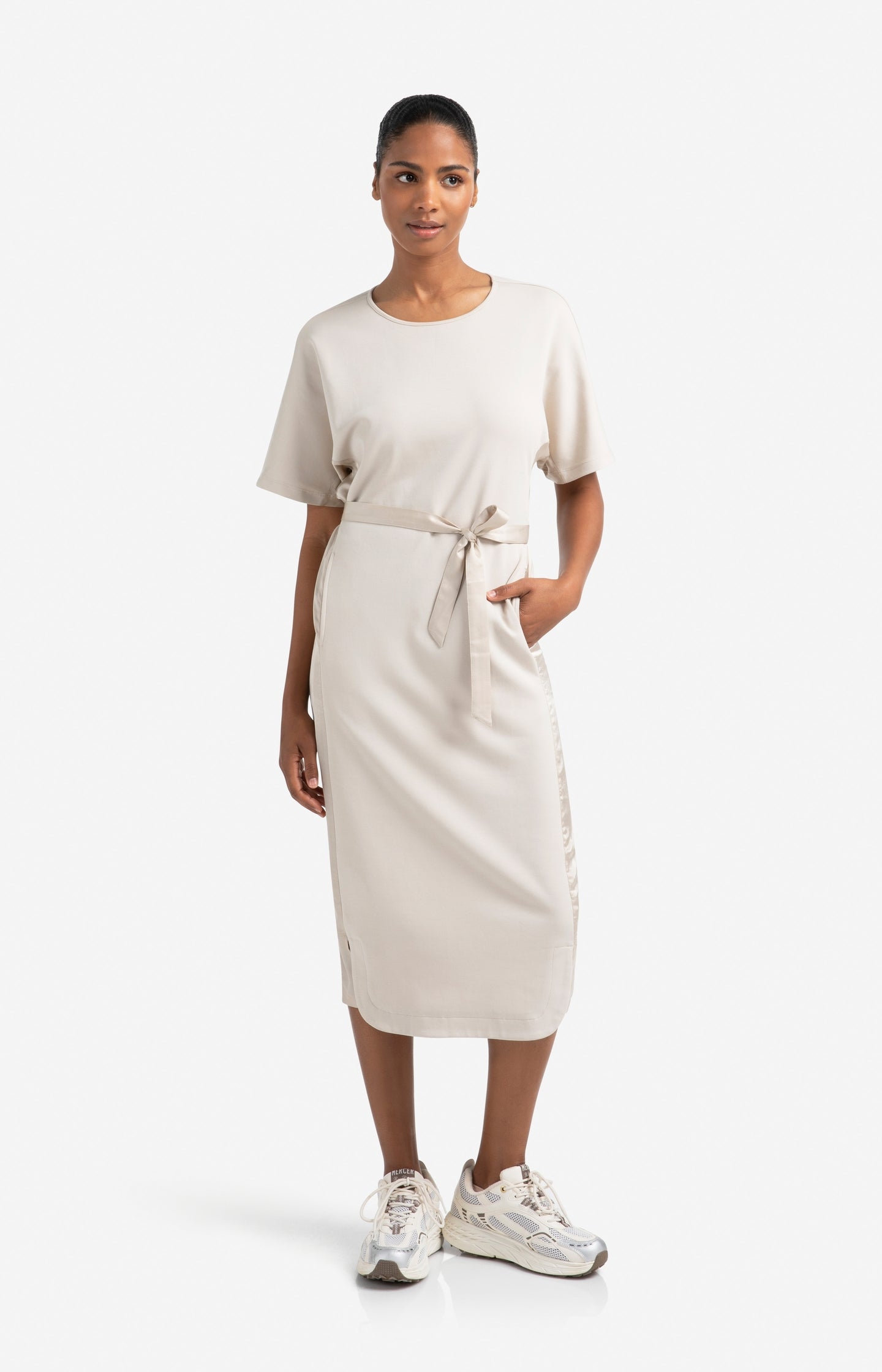 Fabric mix midi dress with tie belt