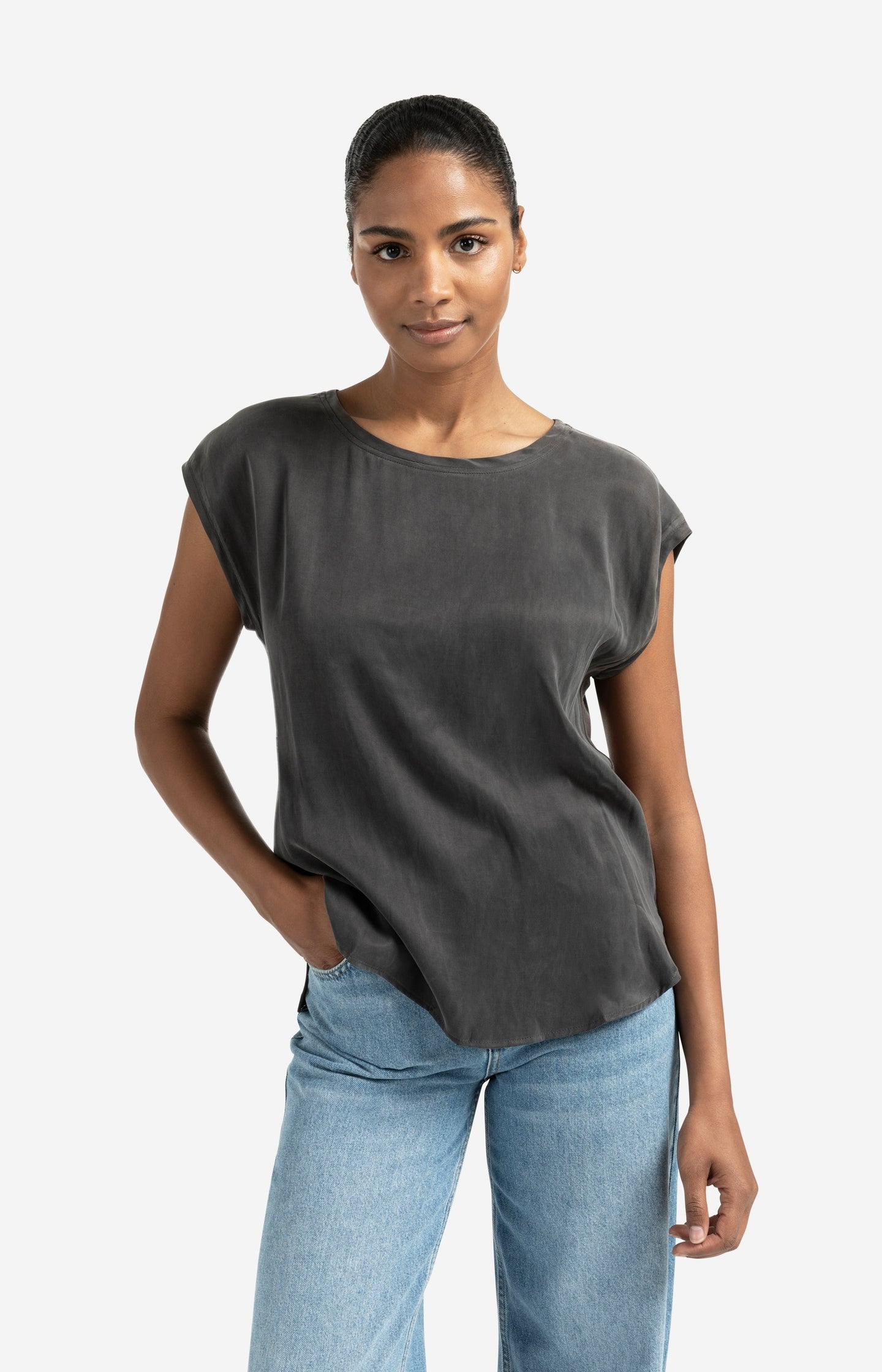 Basic mixed fabric top with round neck and cap sleeves