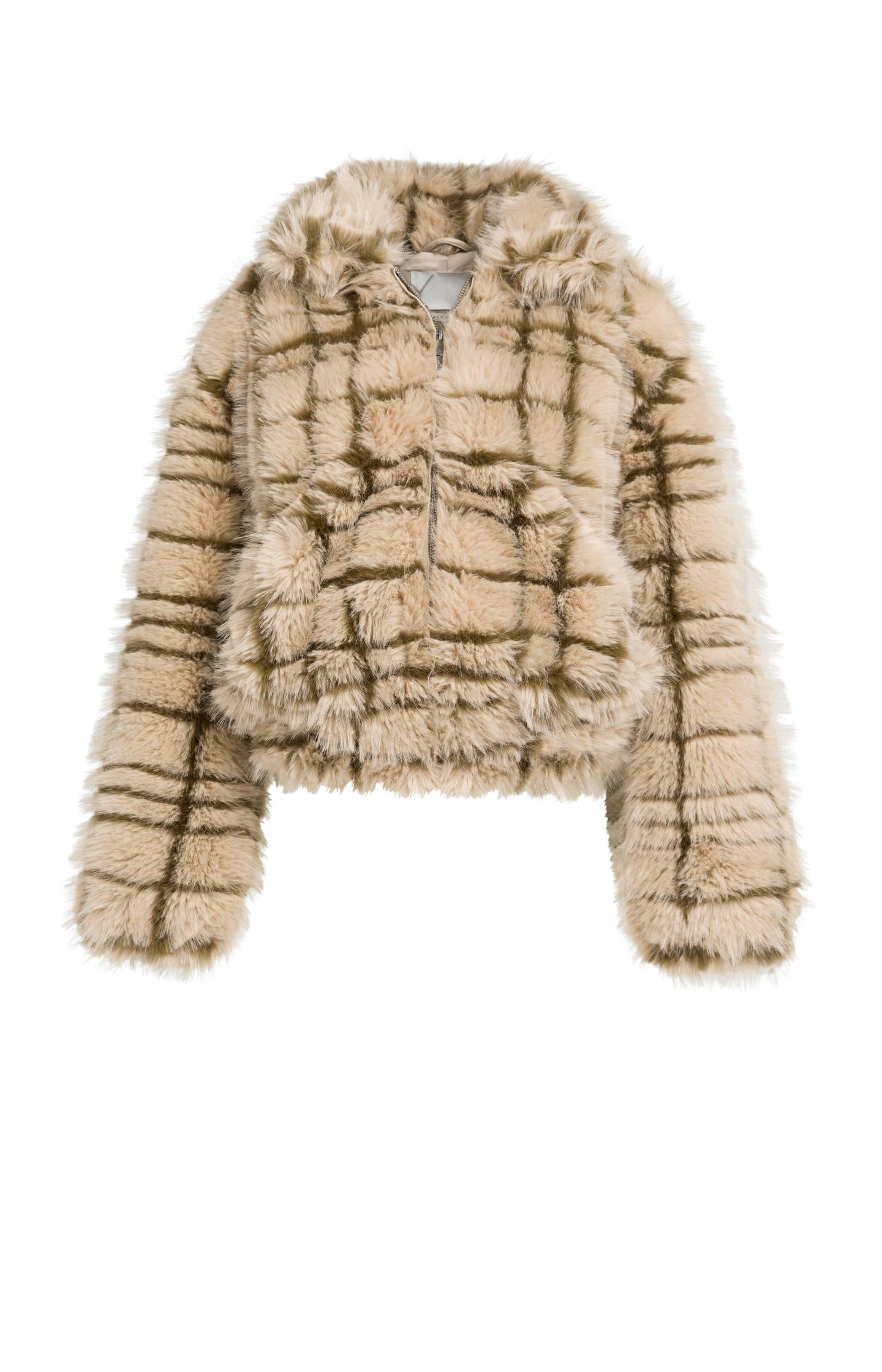 Faux fur jacket with collar and check pattern