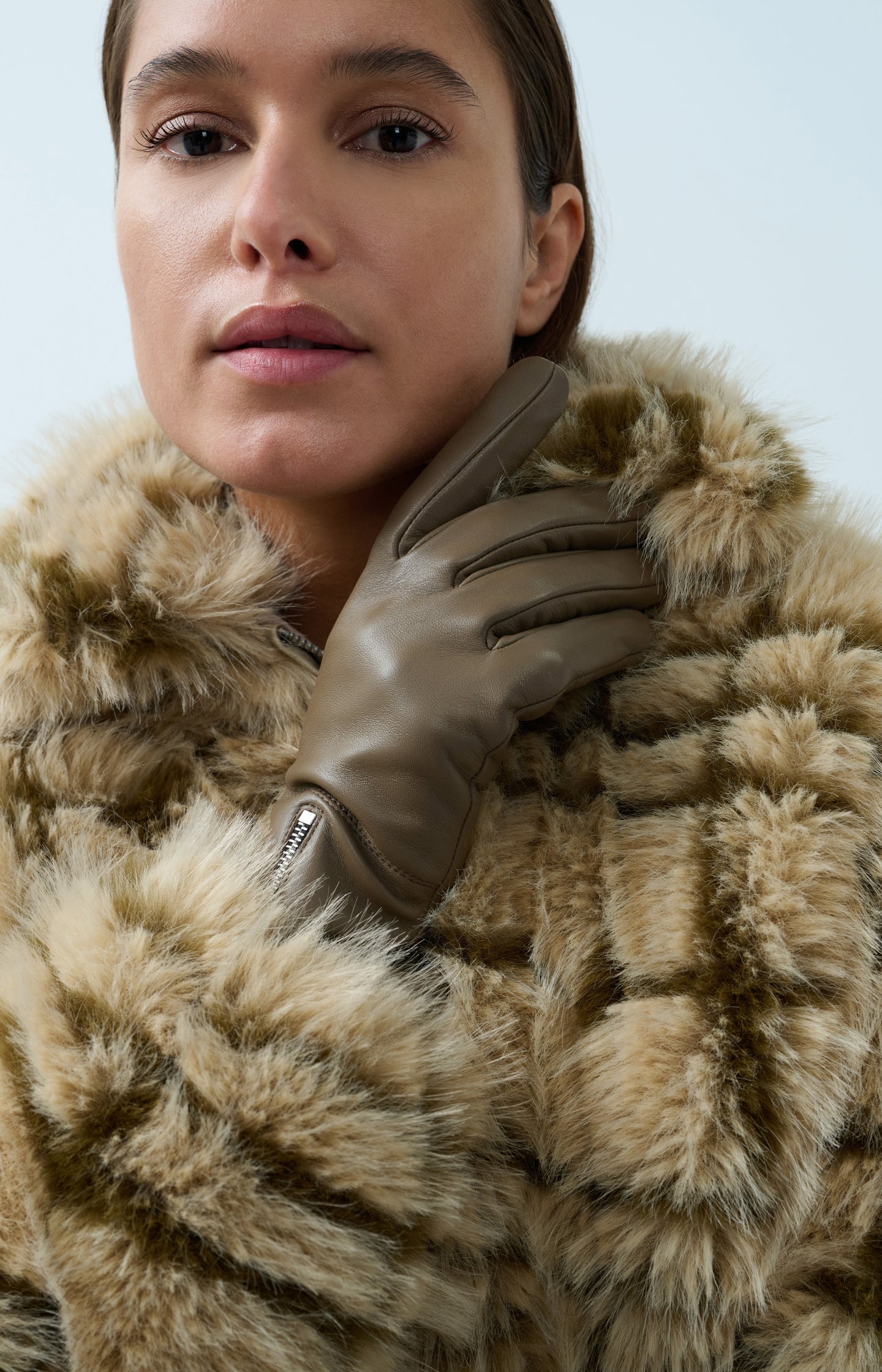 Faux fur jacket with collar and check pattern