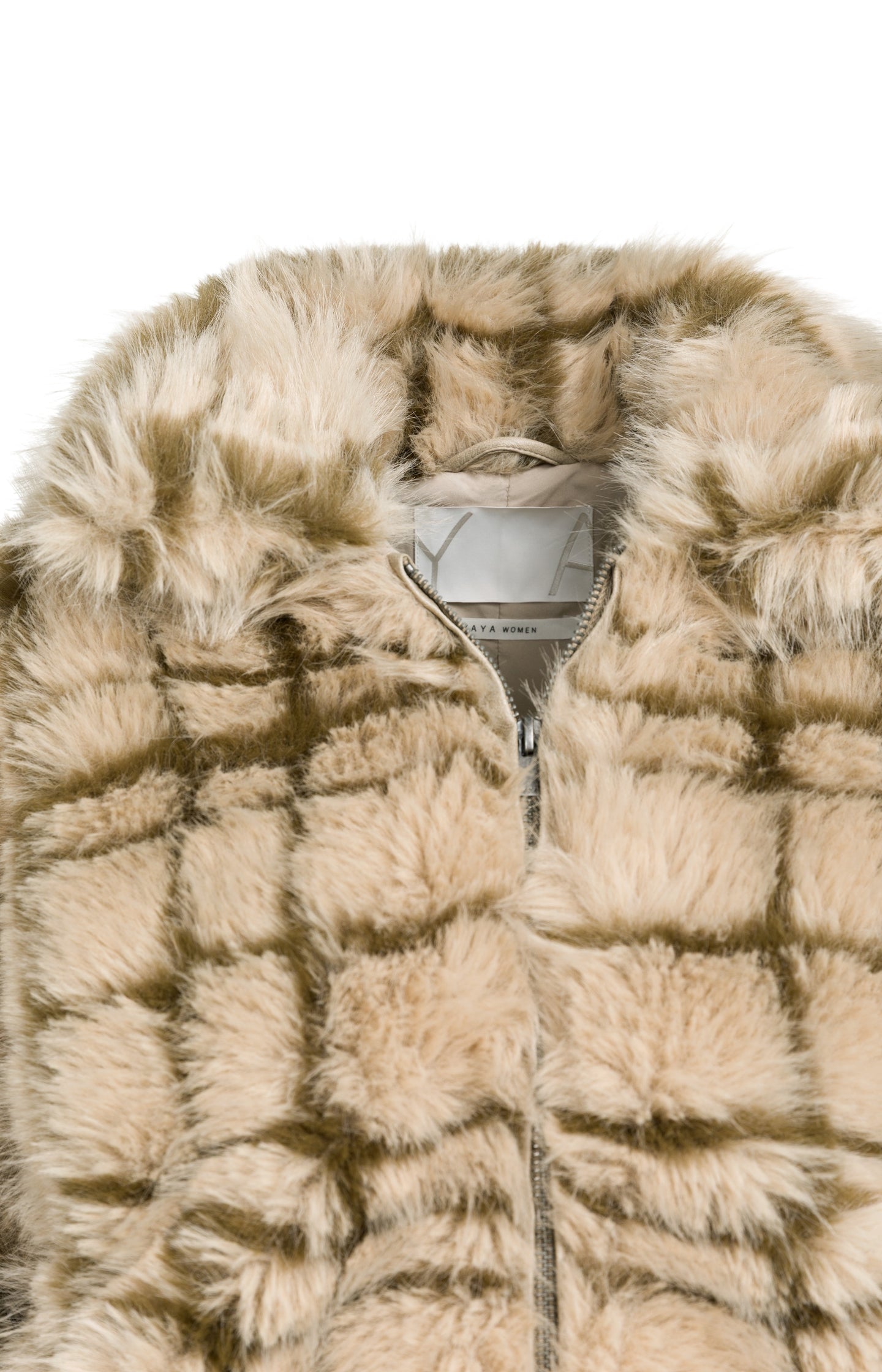 Faux fur jacket with collar and check pattern