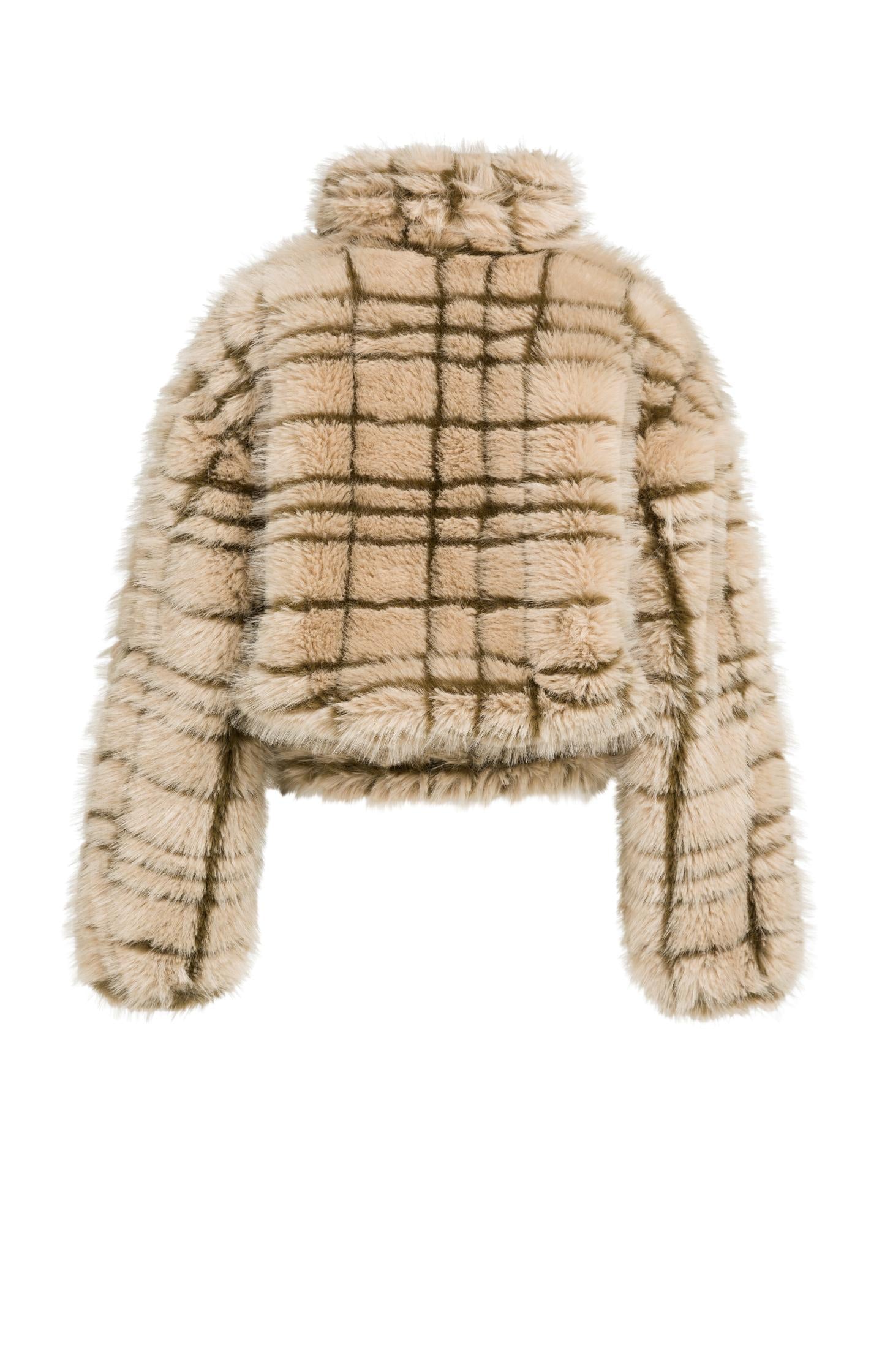 Faux fur jacket with collar and check pattern
