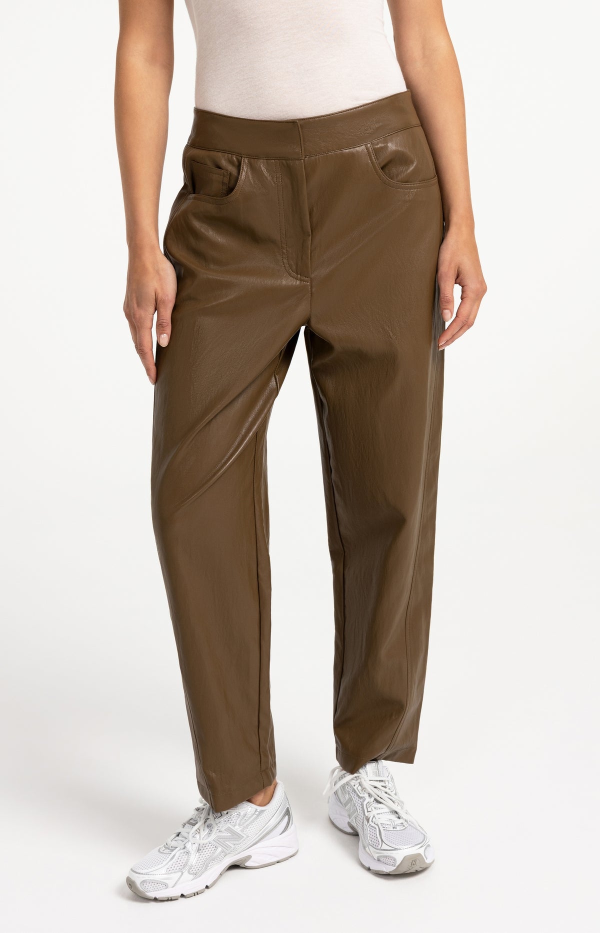 Faux leather carrot fit trousers