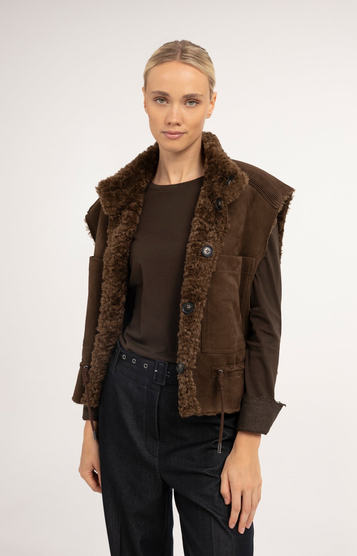 Faux shearling bodywarmer with cord details - Cocoa Brown
