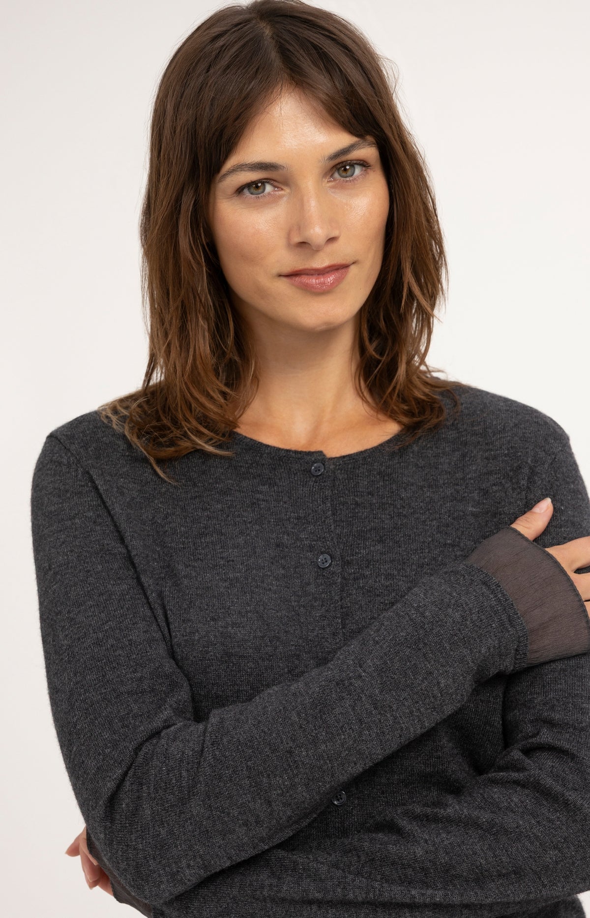 Fine-knit cardigan with button closure - Dark Anthracite Melange