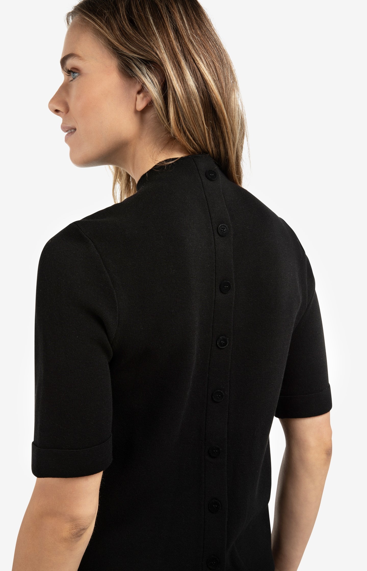 Fine knit sweater with back button detail and short sleeves