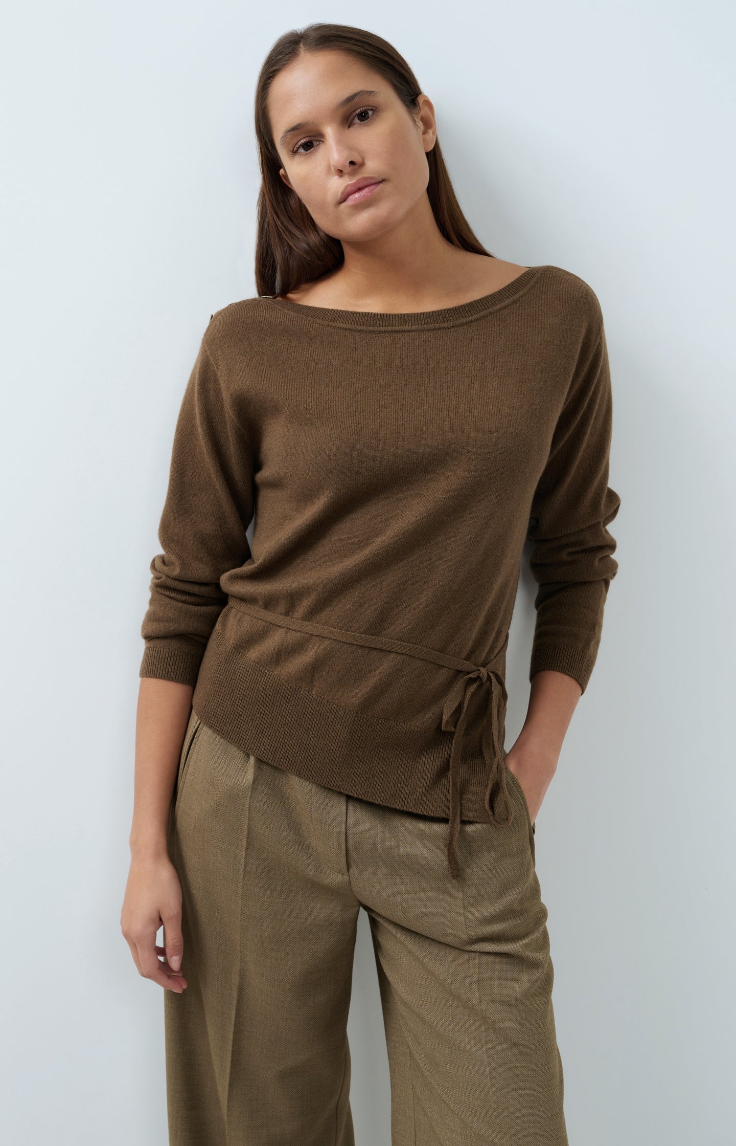 Fine-knit sweater with boat neckline and tie detail