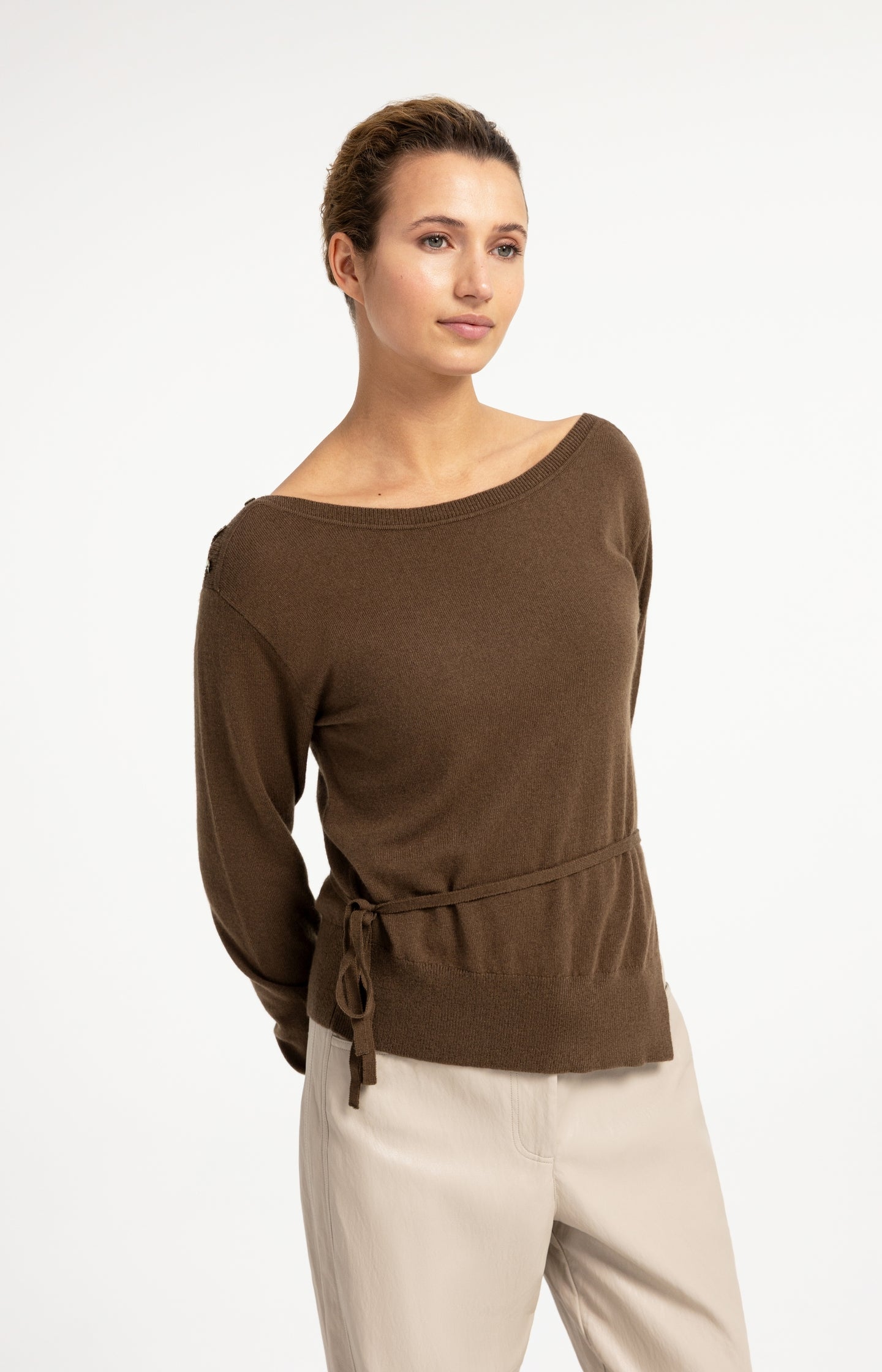 Fine-knit sweater with boat neckline and tie detail