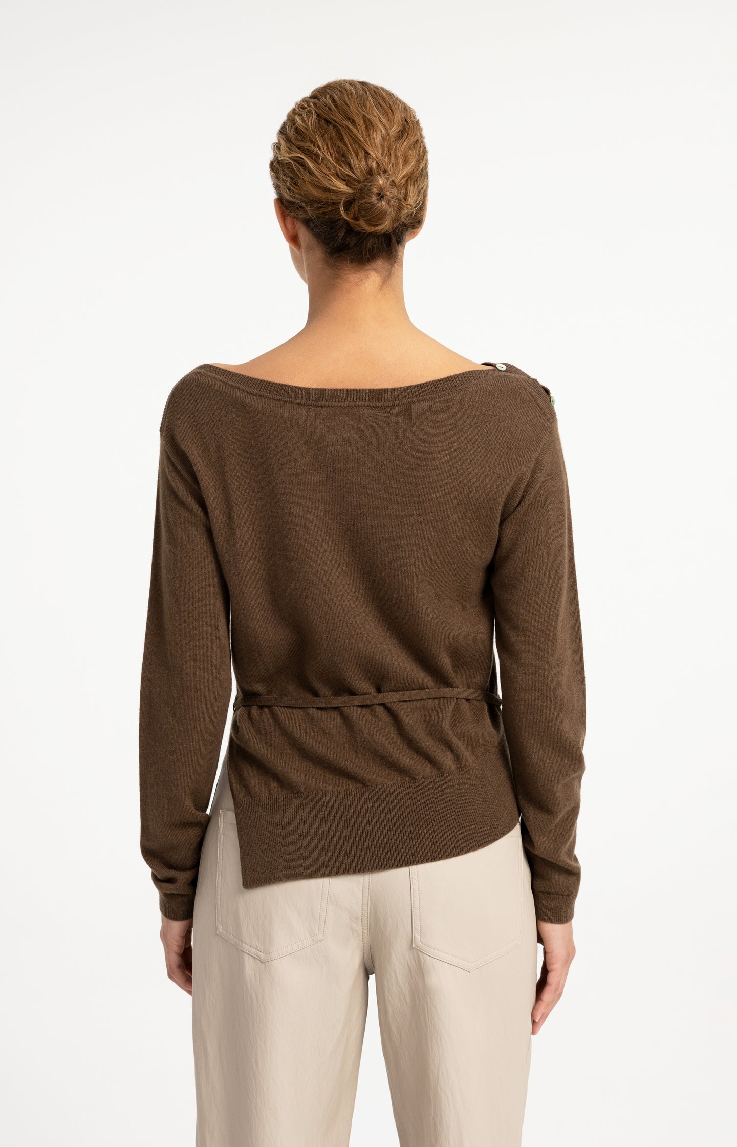 Fine-knit sweater with boat neckline and tie detail