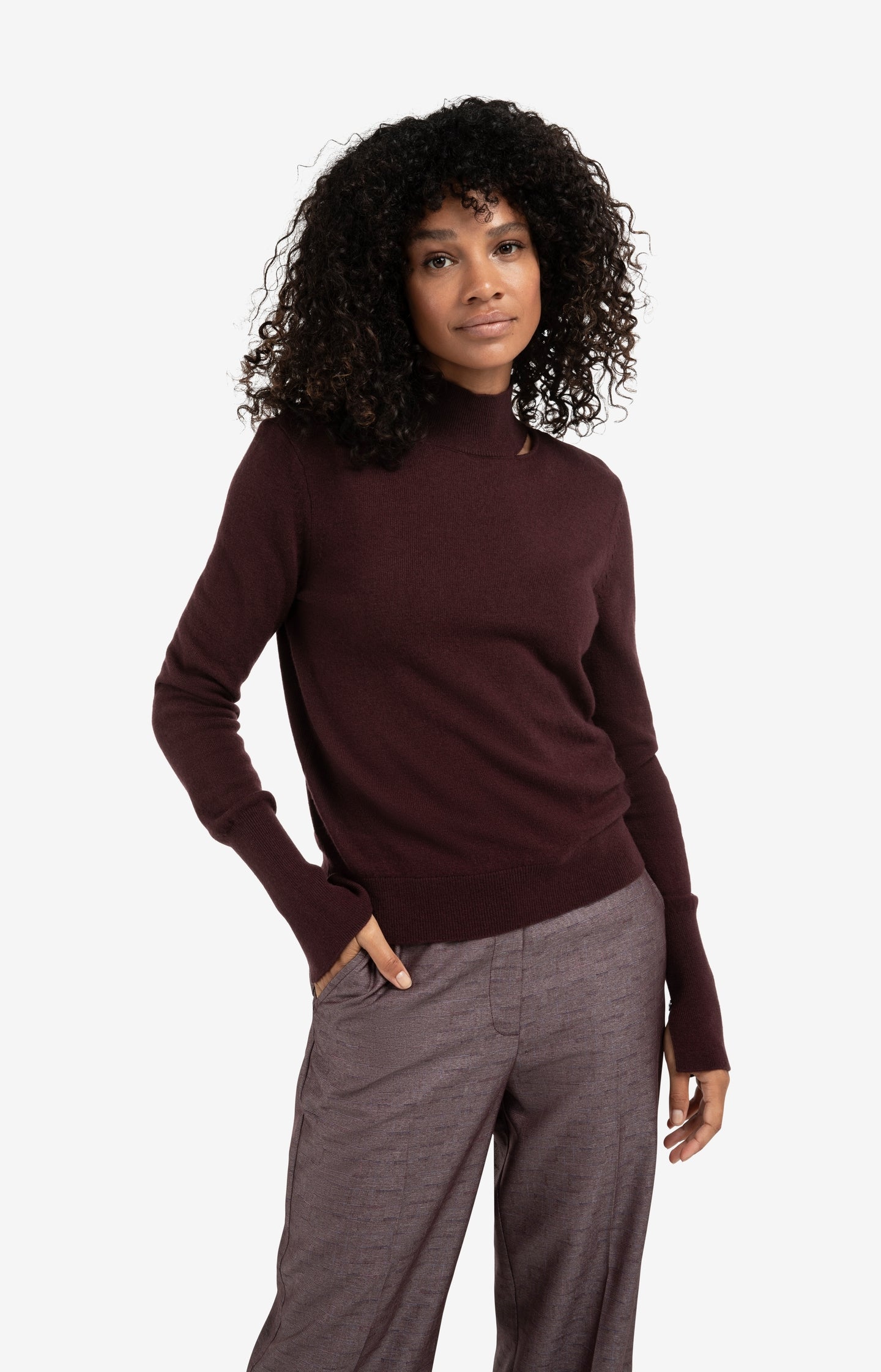 Fine knit sweater with mock neck and cut-out neckline