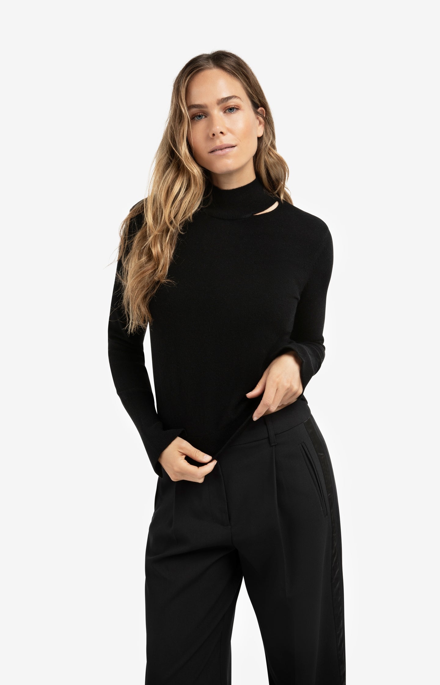 Fine knit sweater with mock neck and cut-out neckline