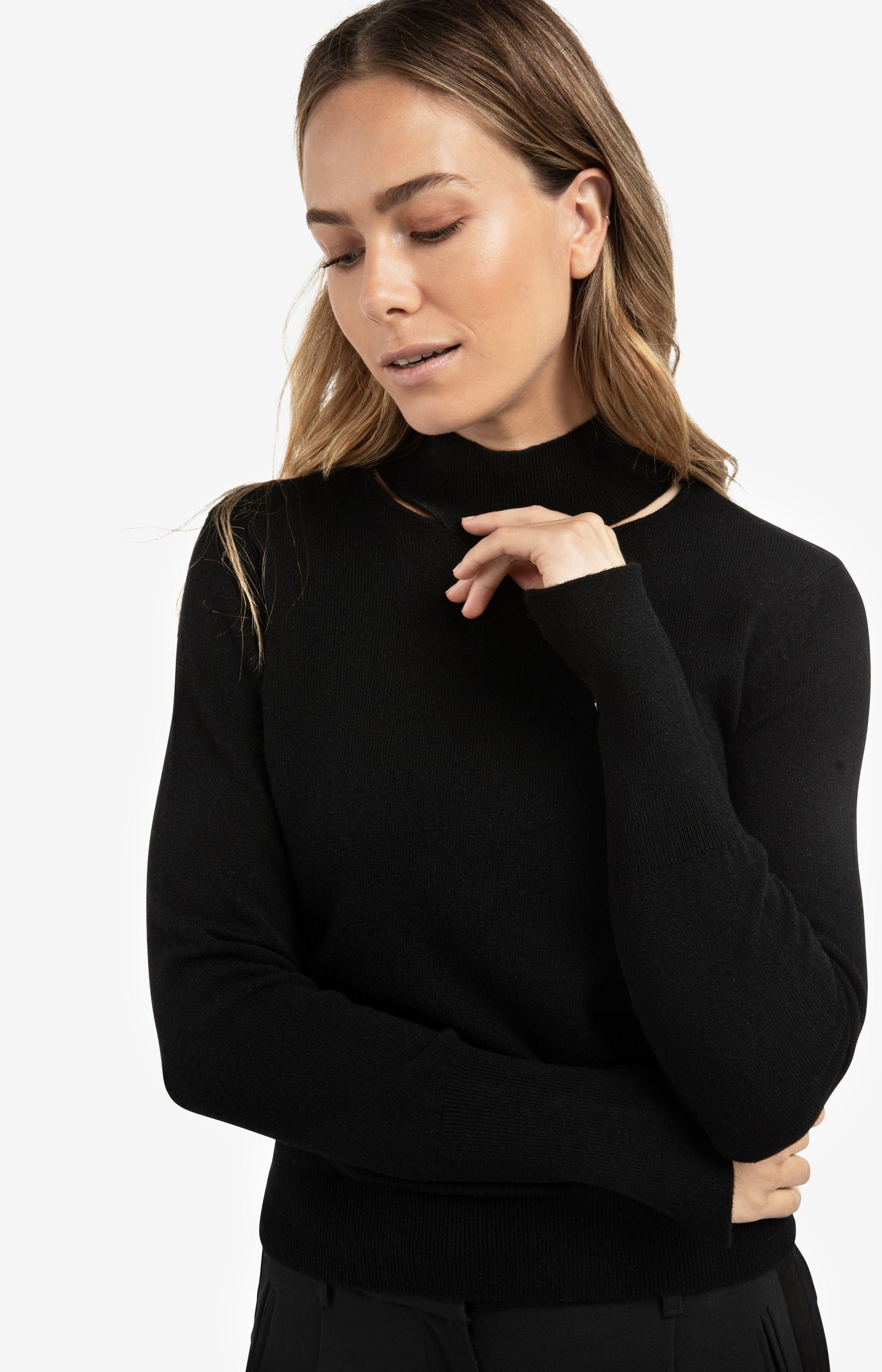 Fine knit sweater with mock neck and cut-out neckline