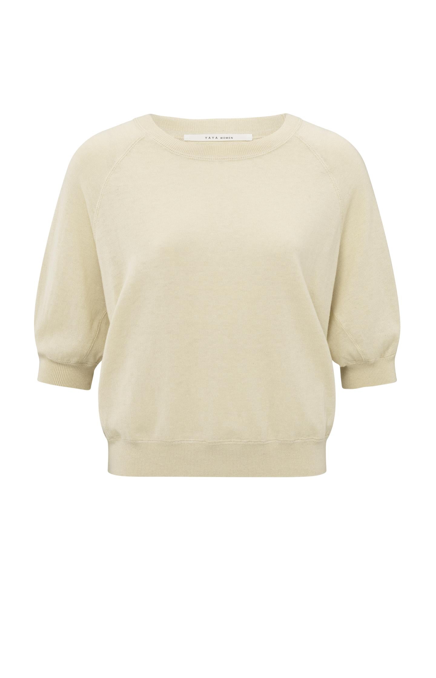 zandkleurige fijngebreide trui met korte mouwen - YAYA