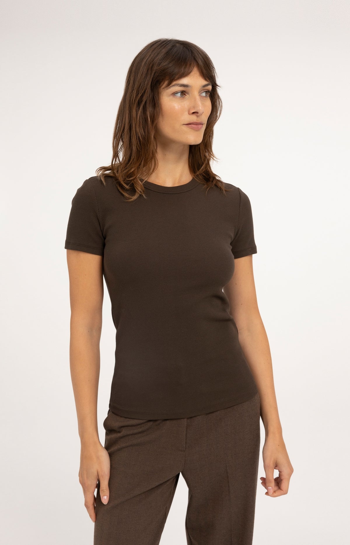 Fitted ribbed T-shirt with round neck - Delicioso Brown