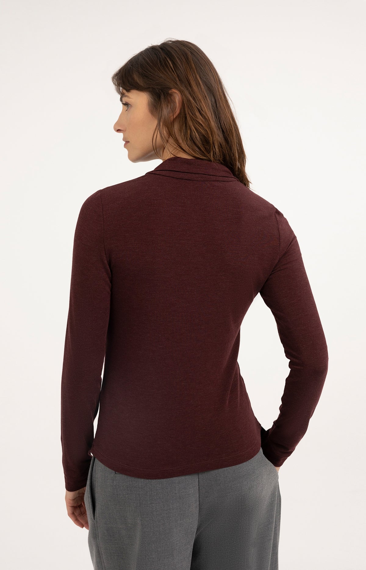 Fitted top with high neck and press buttons - Bitter Chocolate Red Melange