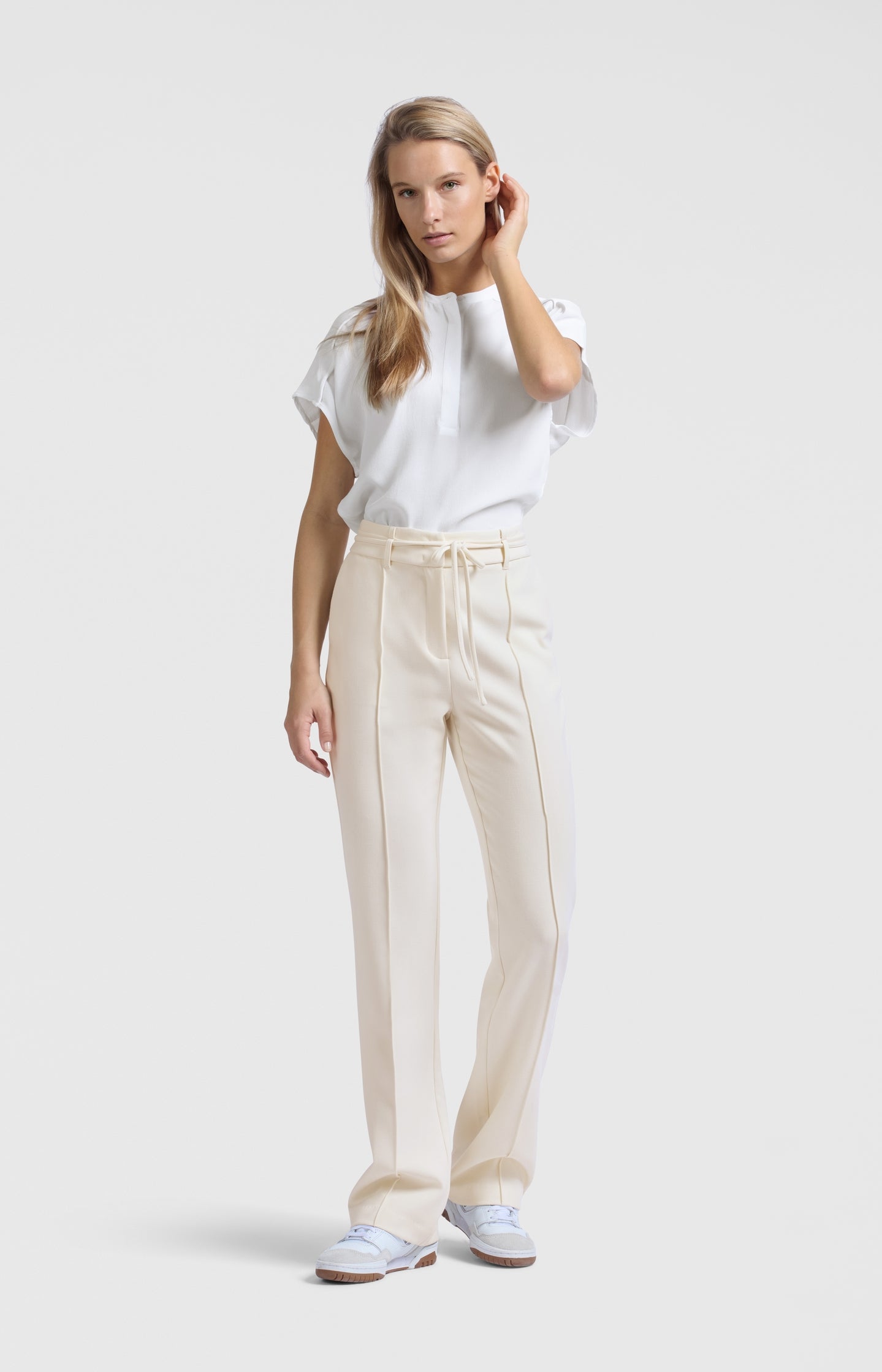 Woven straight trousers with tie belt