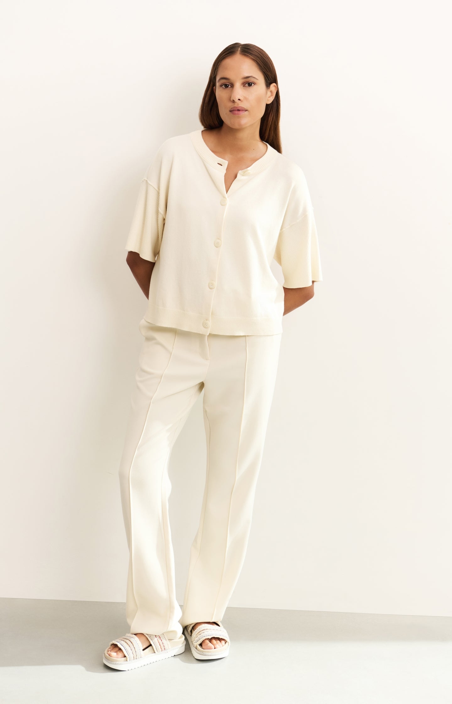 Woven straight trousers with tie belt