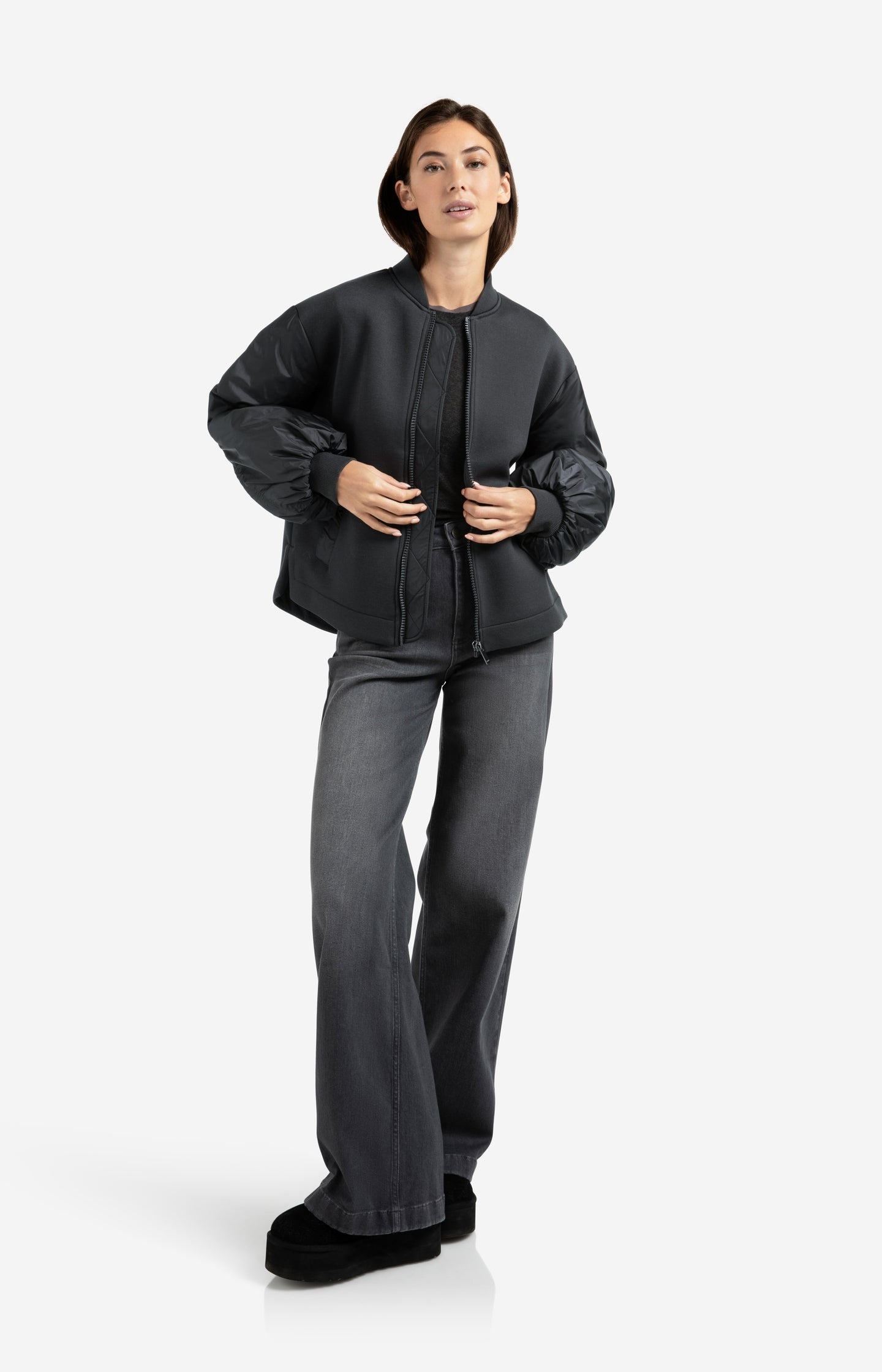 Fleece bomber jacket with nylon sleeves - Type: lookbook