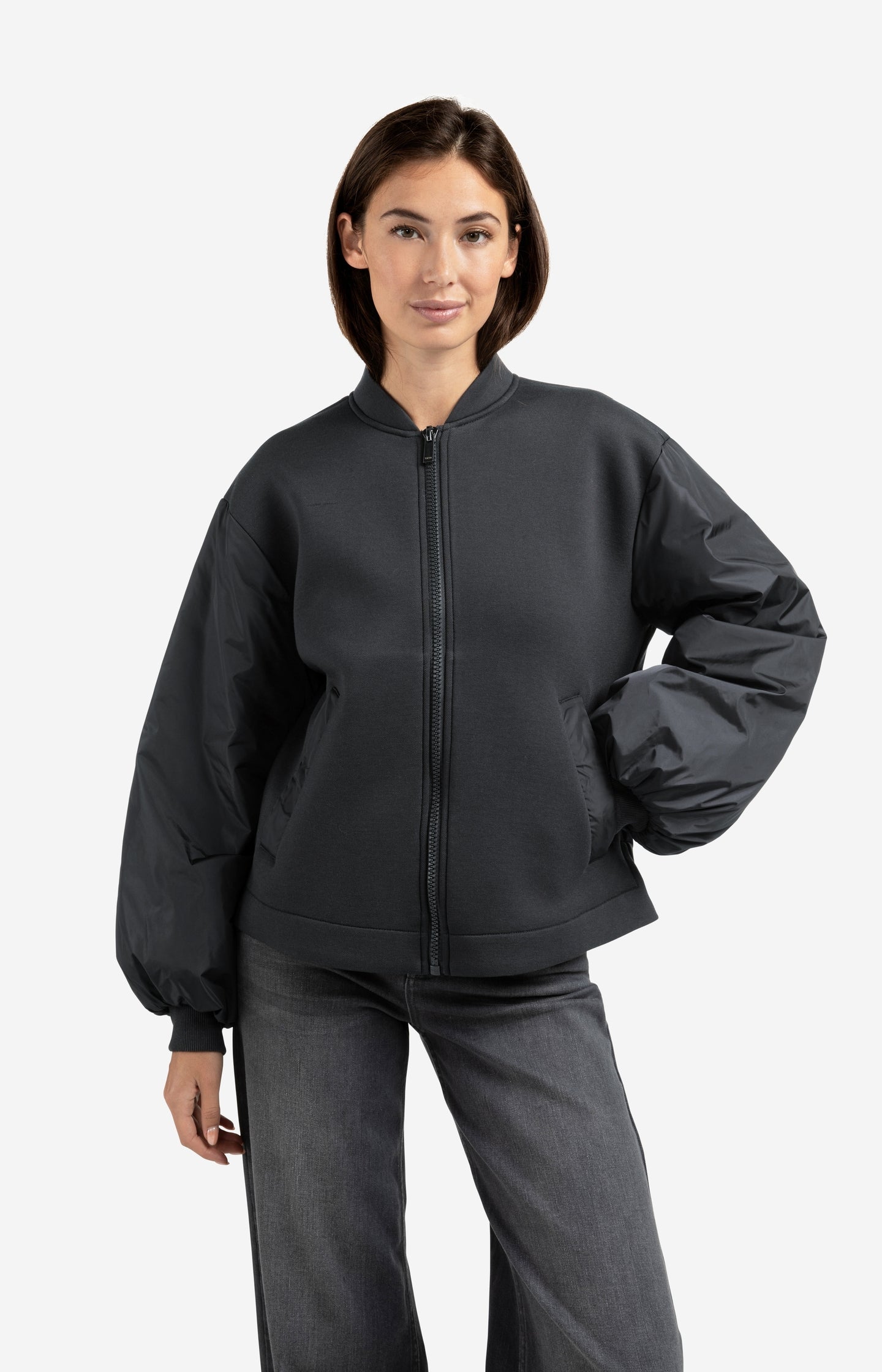 Fleece bomber jacket with nylon sleeves