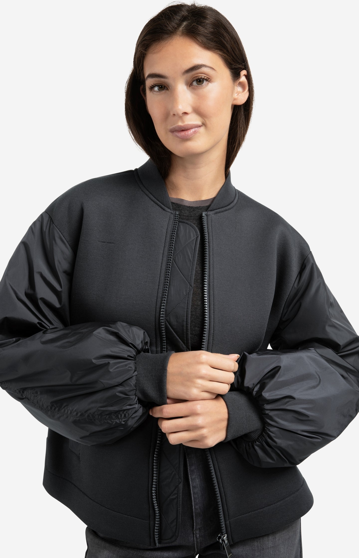 Fleece bomber jacket with nylon sleeves