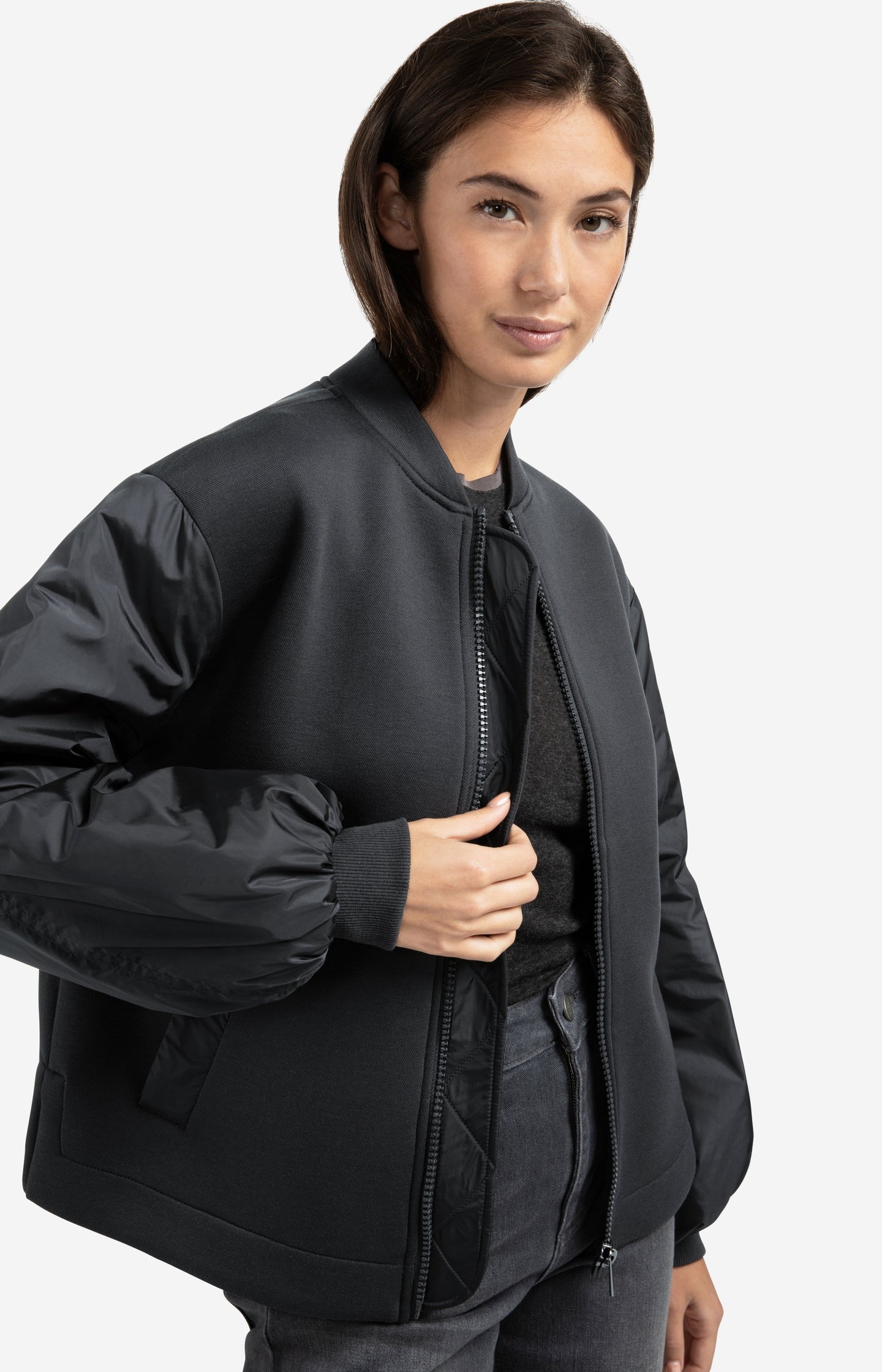 Fleece bomber jacket with nylon sleeves