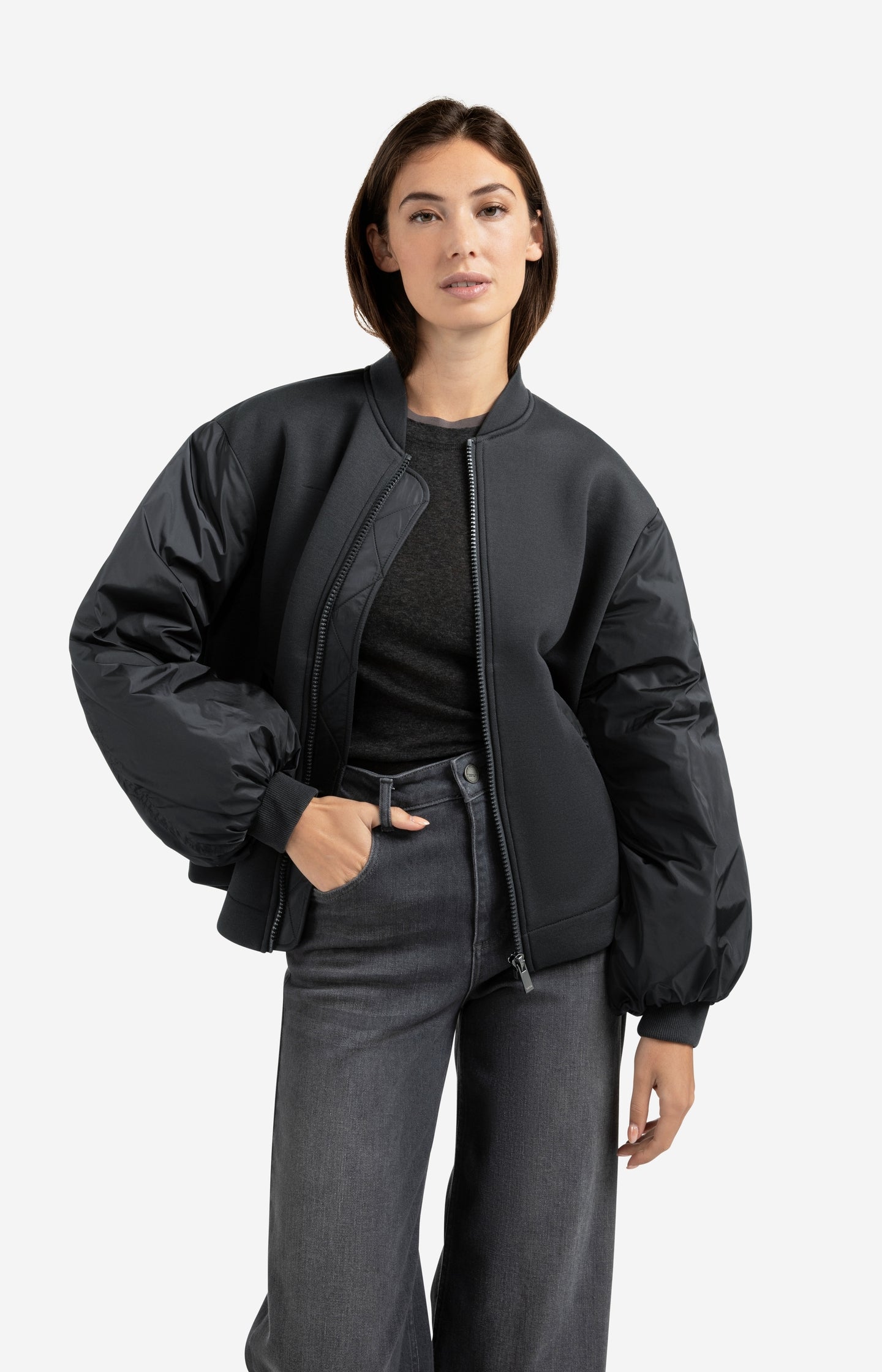 Fleece bomber jacket with nylon sleeves