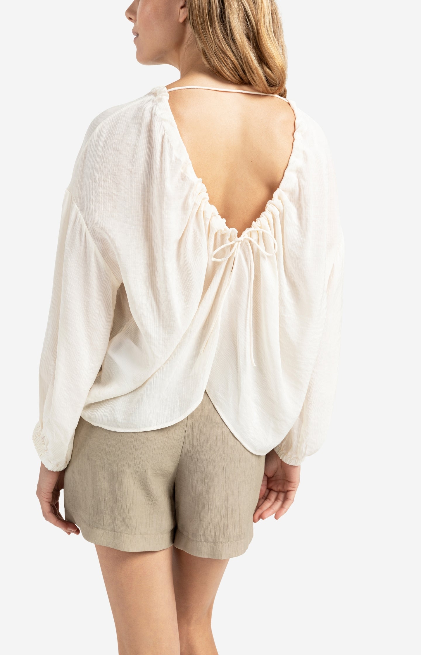 Flowy crinkle top with open back and tie detail