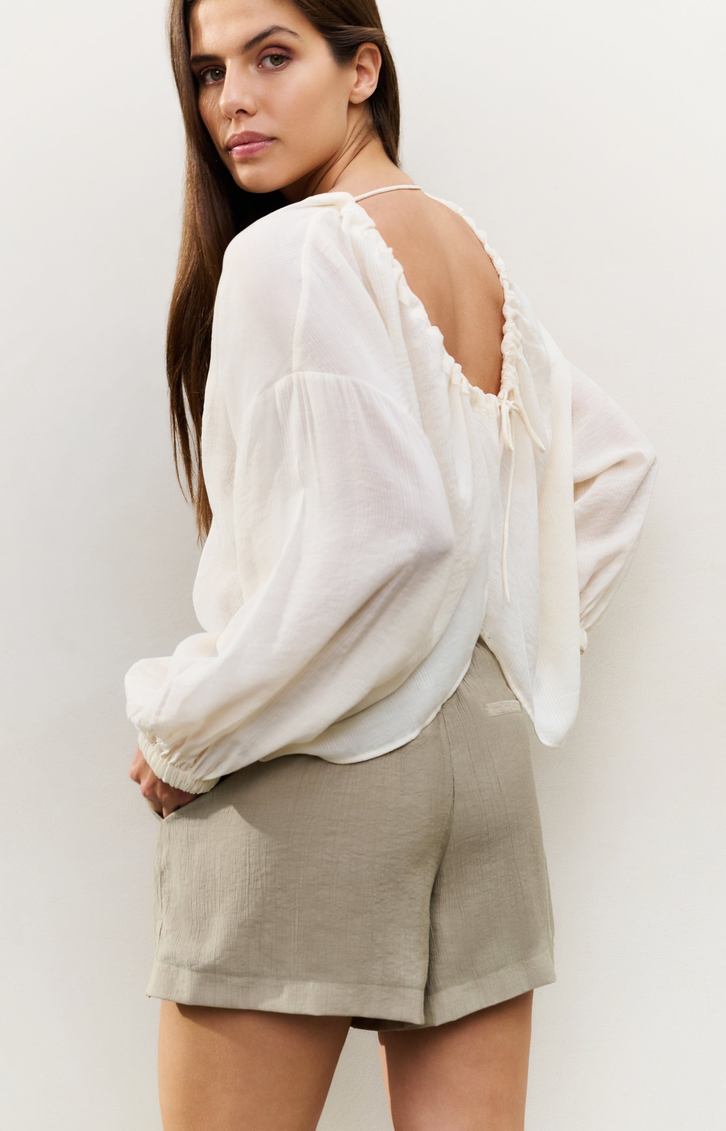 Flowy crinkle top with open back and tie detail