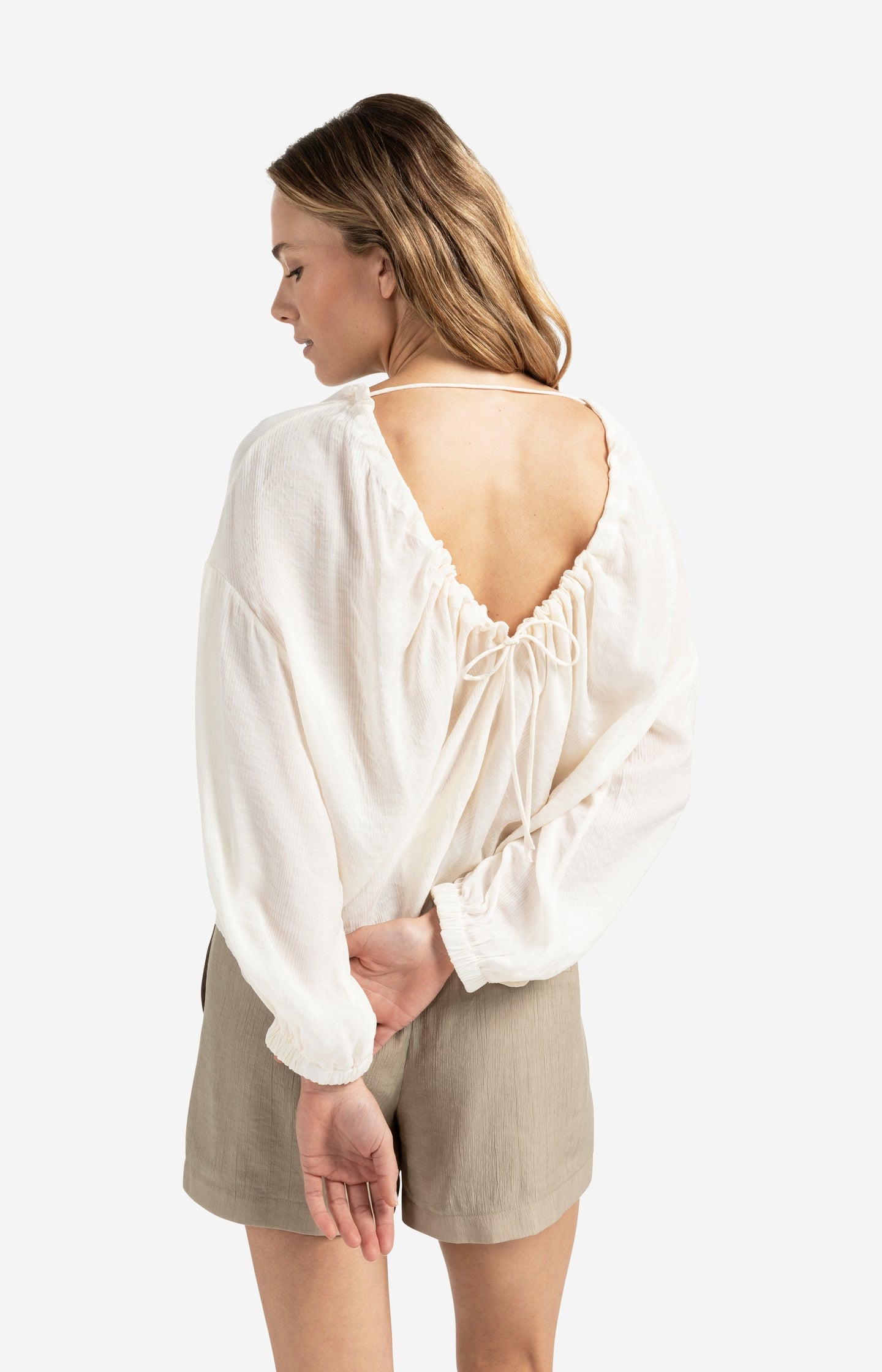 Flowy crinkle top with open back and tie detail