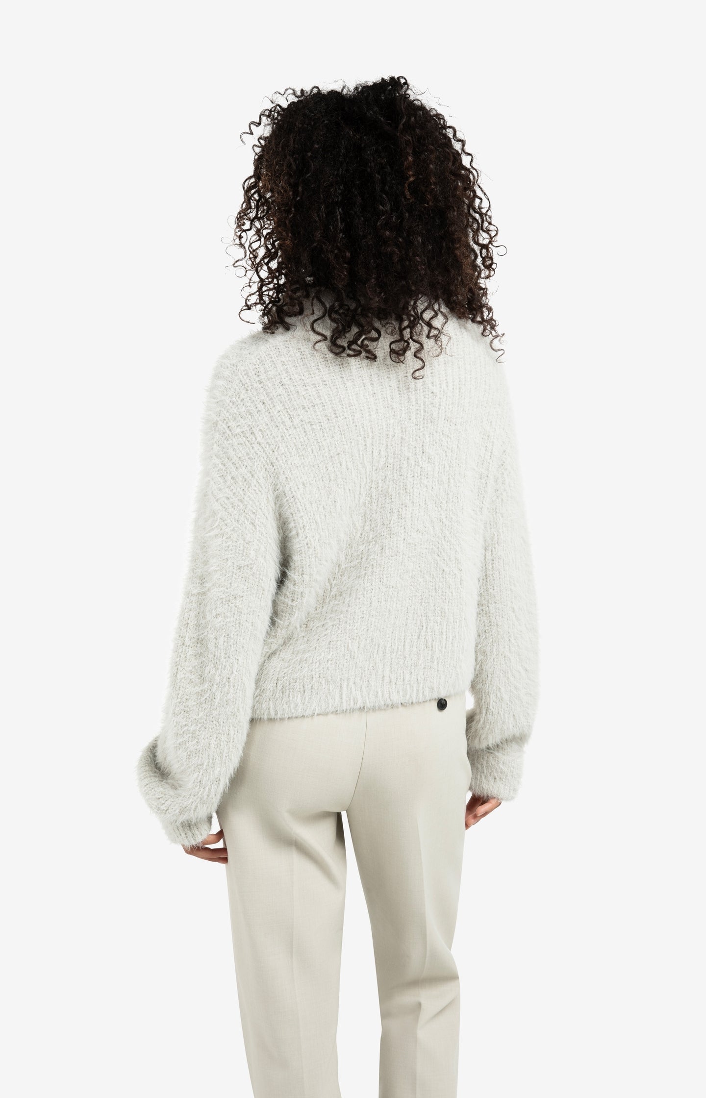 Fluffy cropped sweater with stand-up collar and buttons