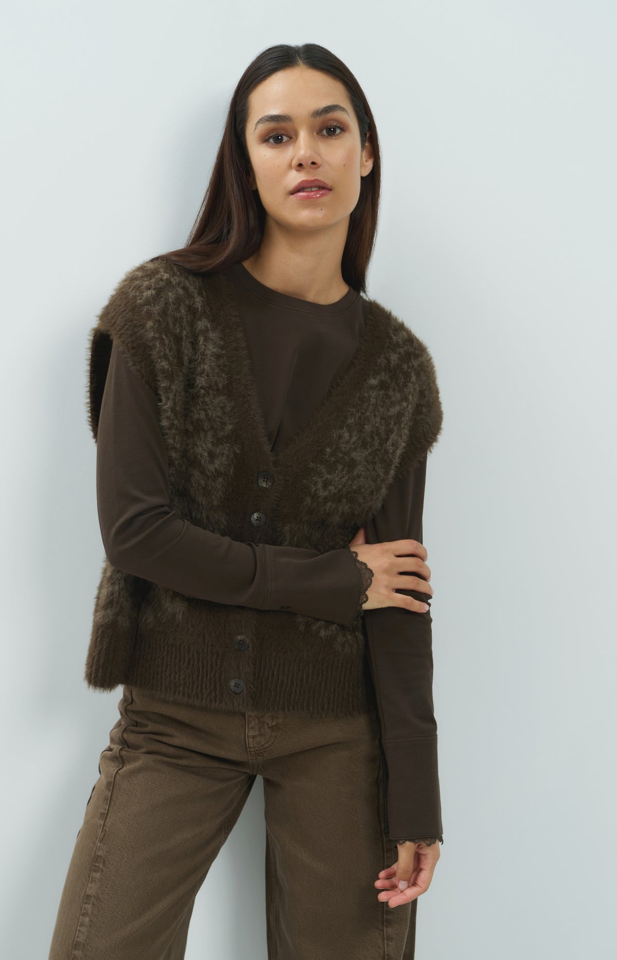 Fluffy spencer met patroon - Delicioso Brown Dessin