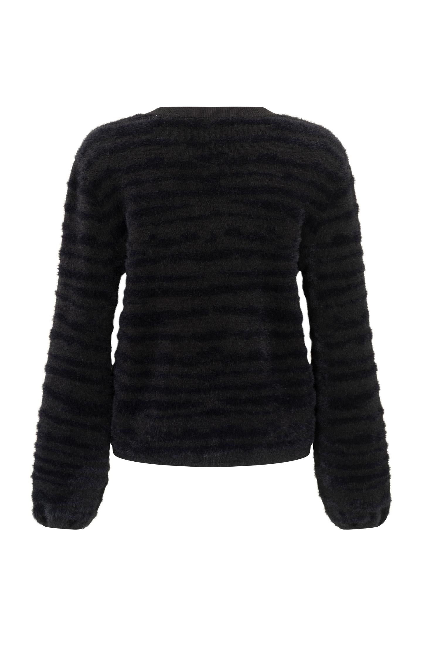 Fluffy sweater with round neckline and subtle stripes