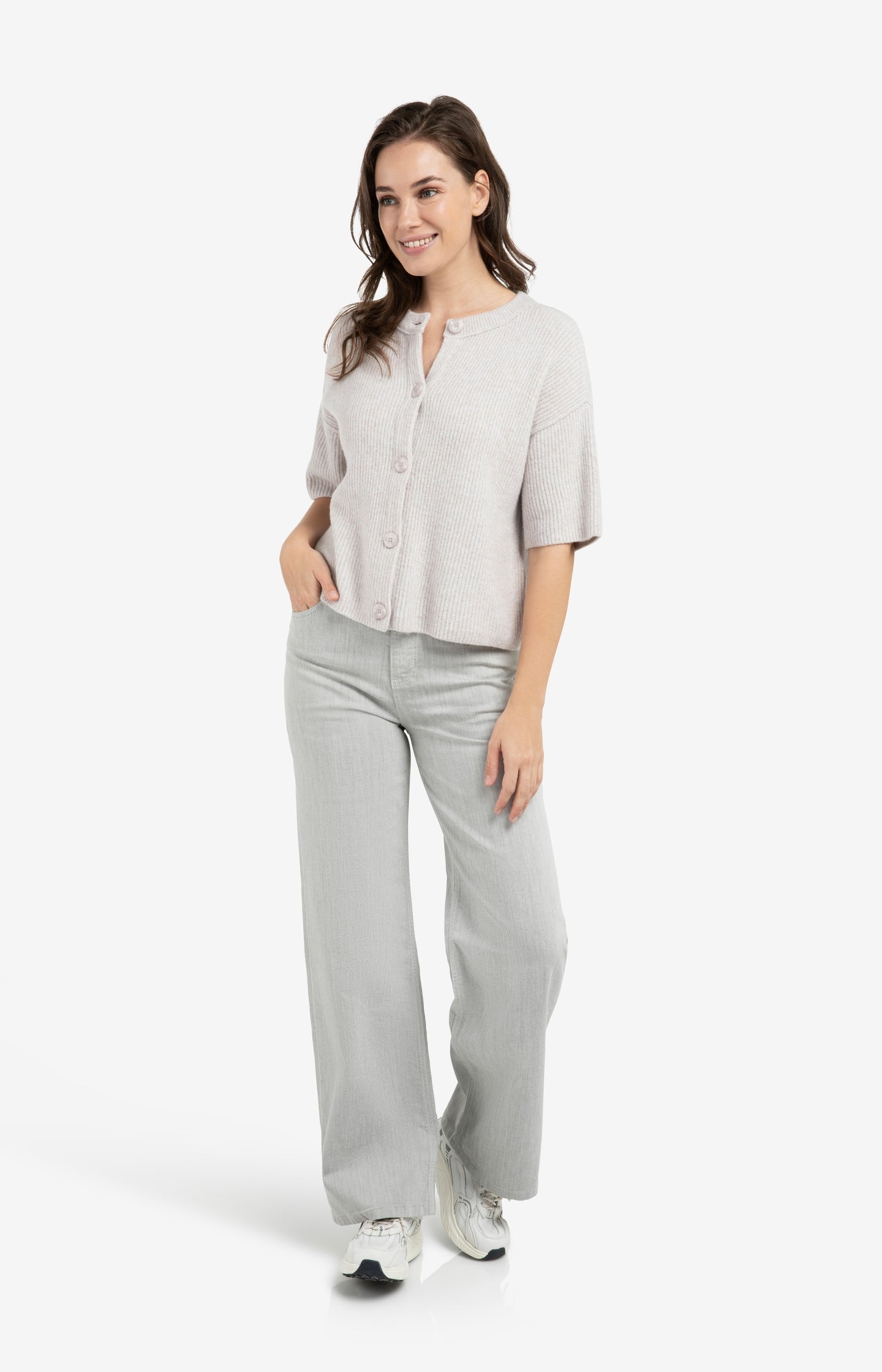 Grey denim trousers with high waist and straight legs