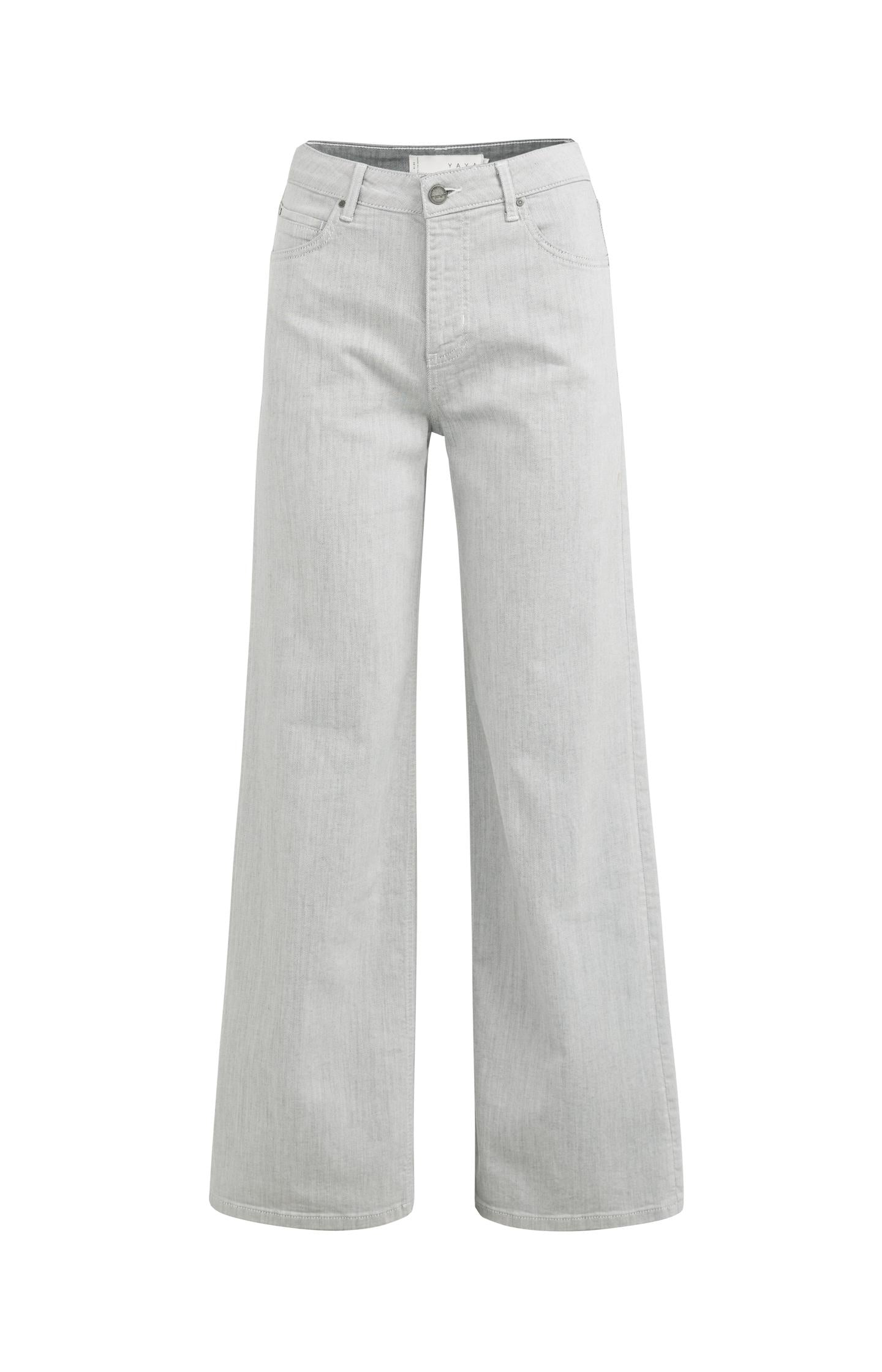 Grey denim trousers with high waist and straight legs