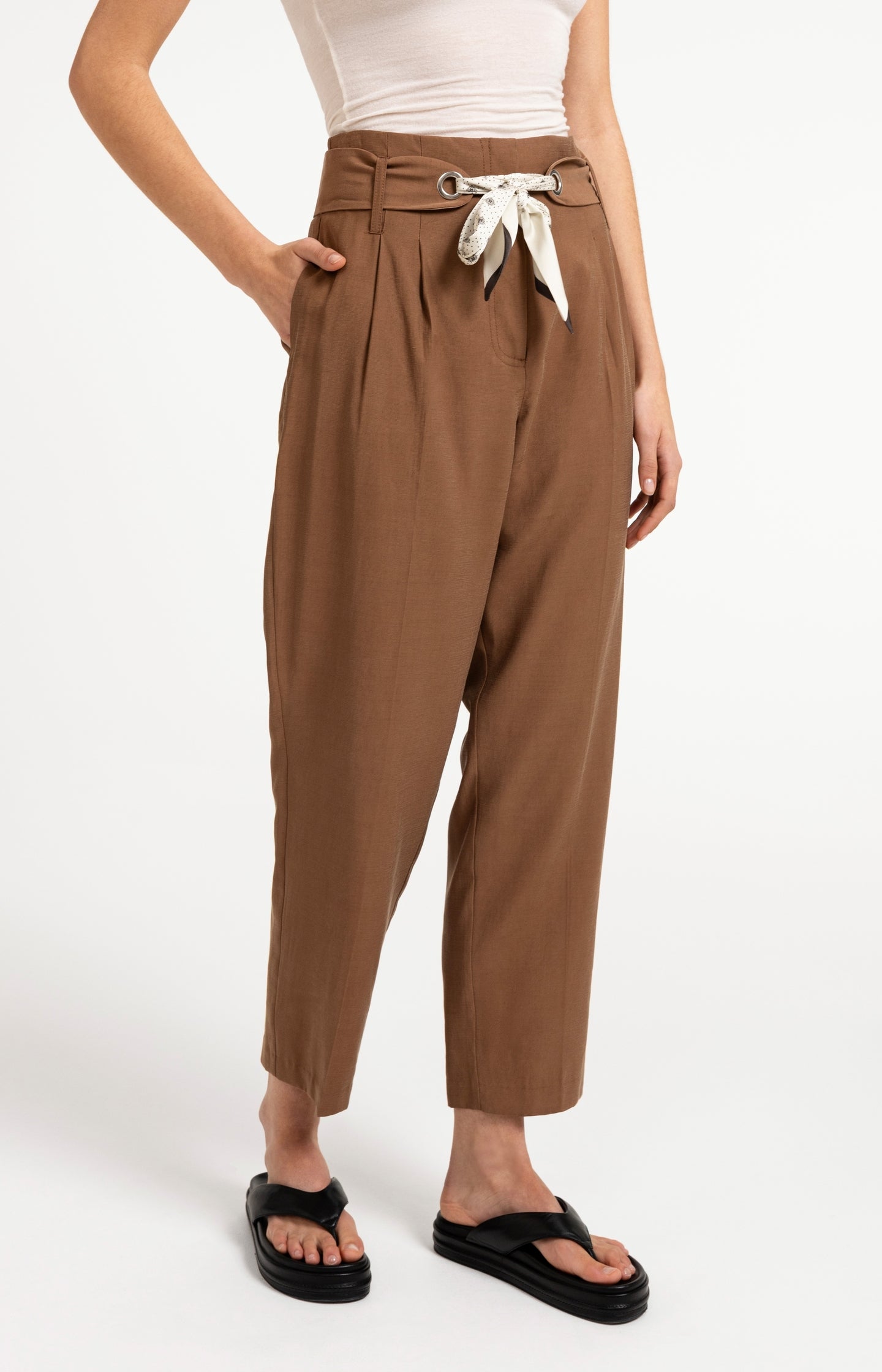 High-waist trousers with straight legs and scarf belt
