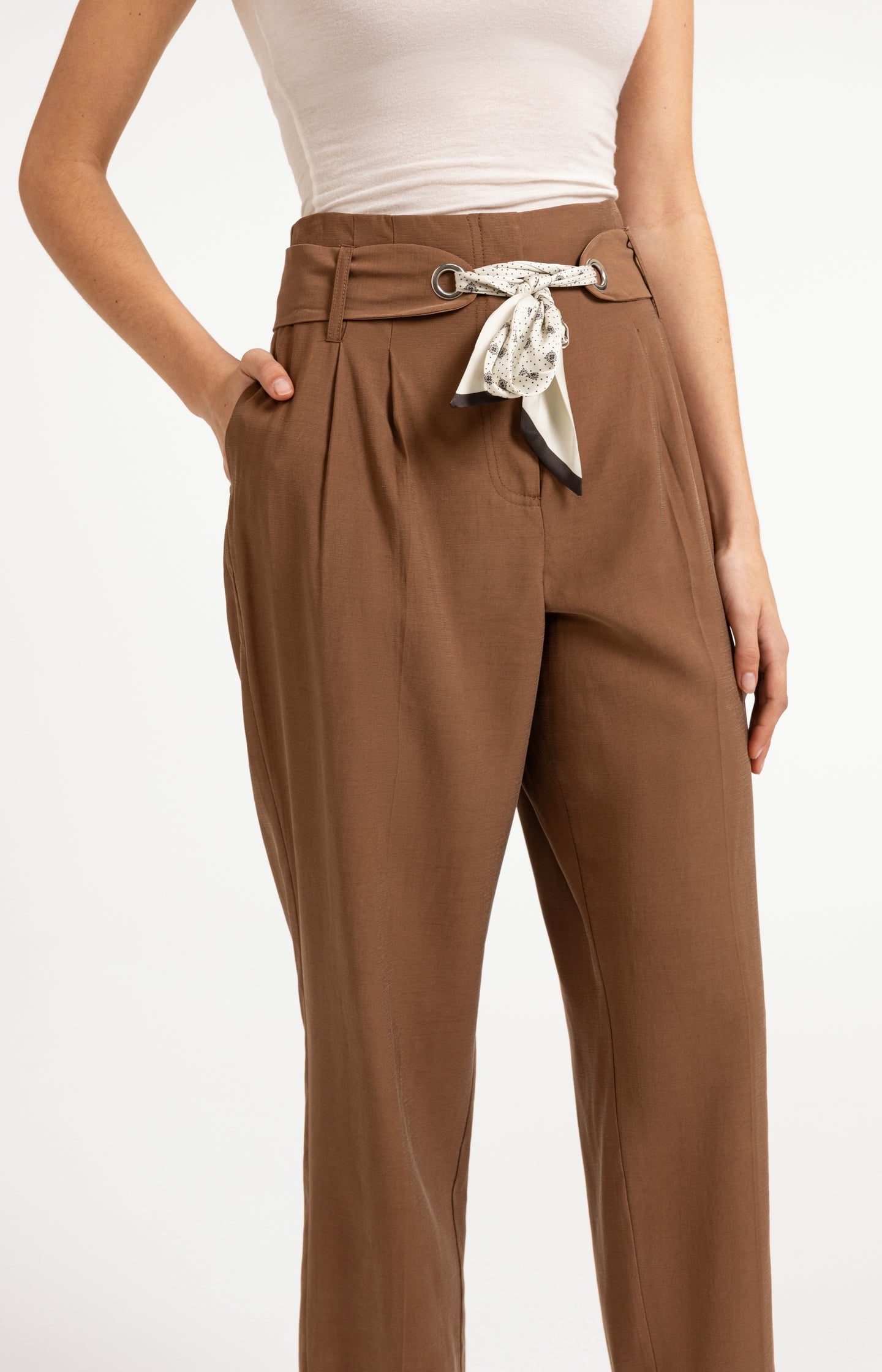 High-waist trousers with straight legs and scarf belt
