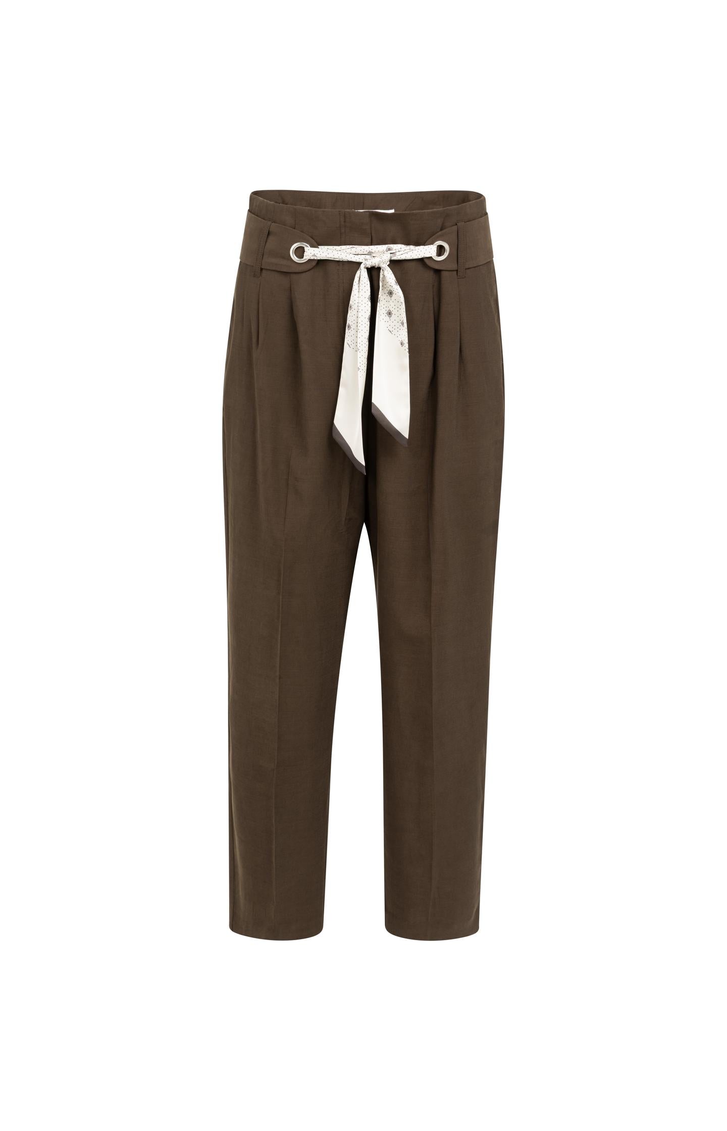 High-waist trousers with straight legs and scarf belt