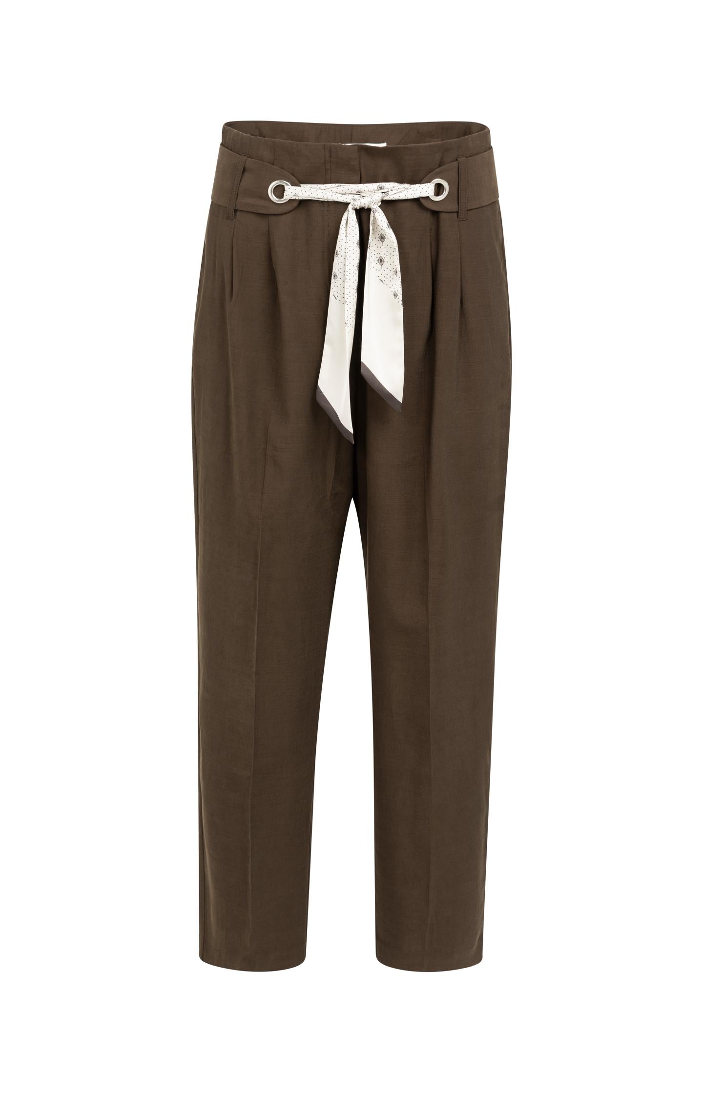 High-waist trousers with straight legs and scarf belt