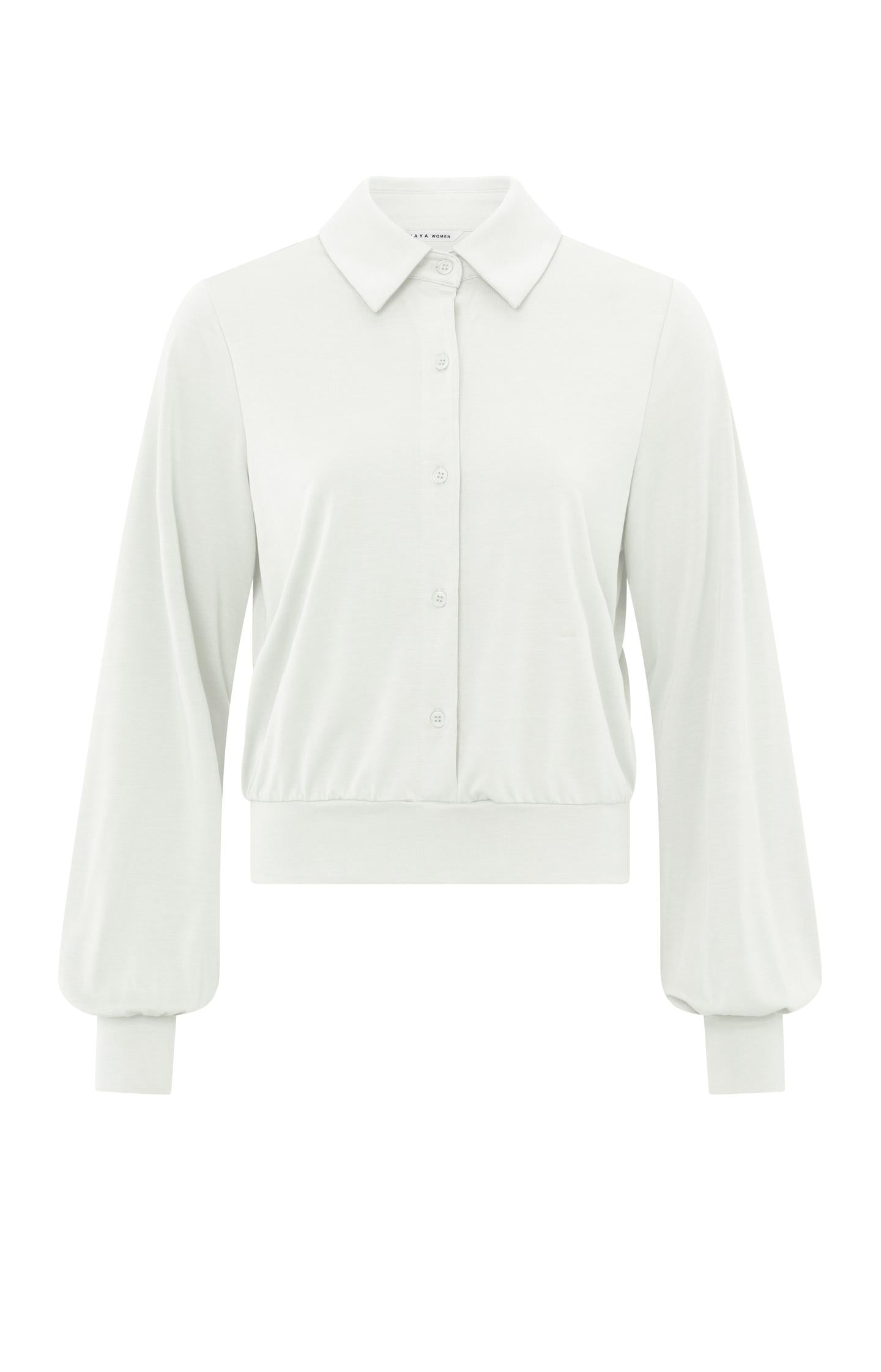 Jersey blouse top with balloon sleeves and button closure