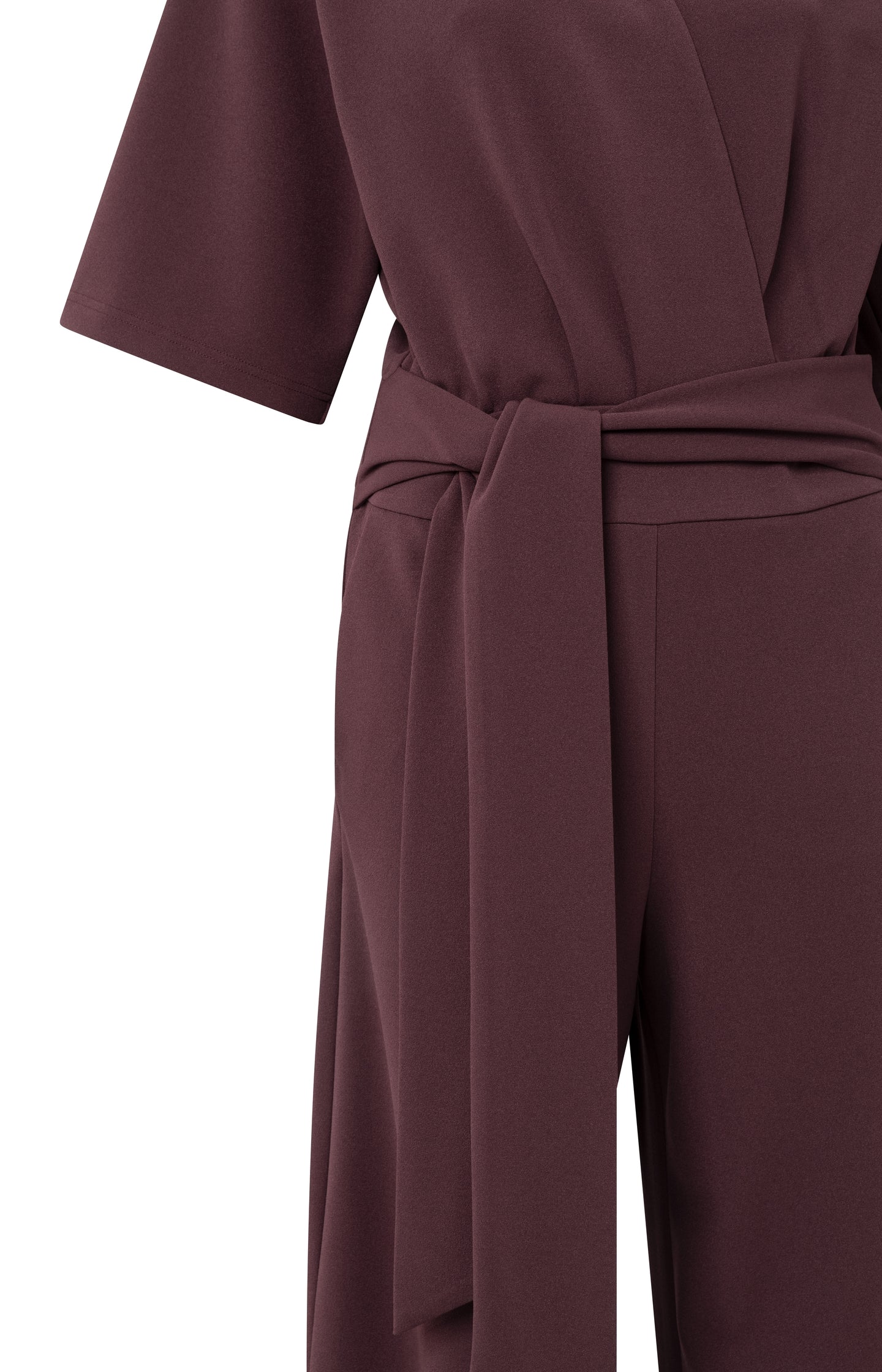 Paarse jersey jumpsuit met korte mouwen en strikceintuur