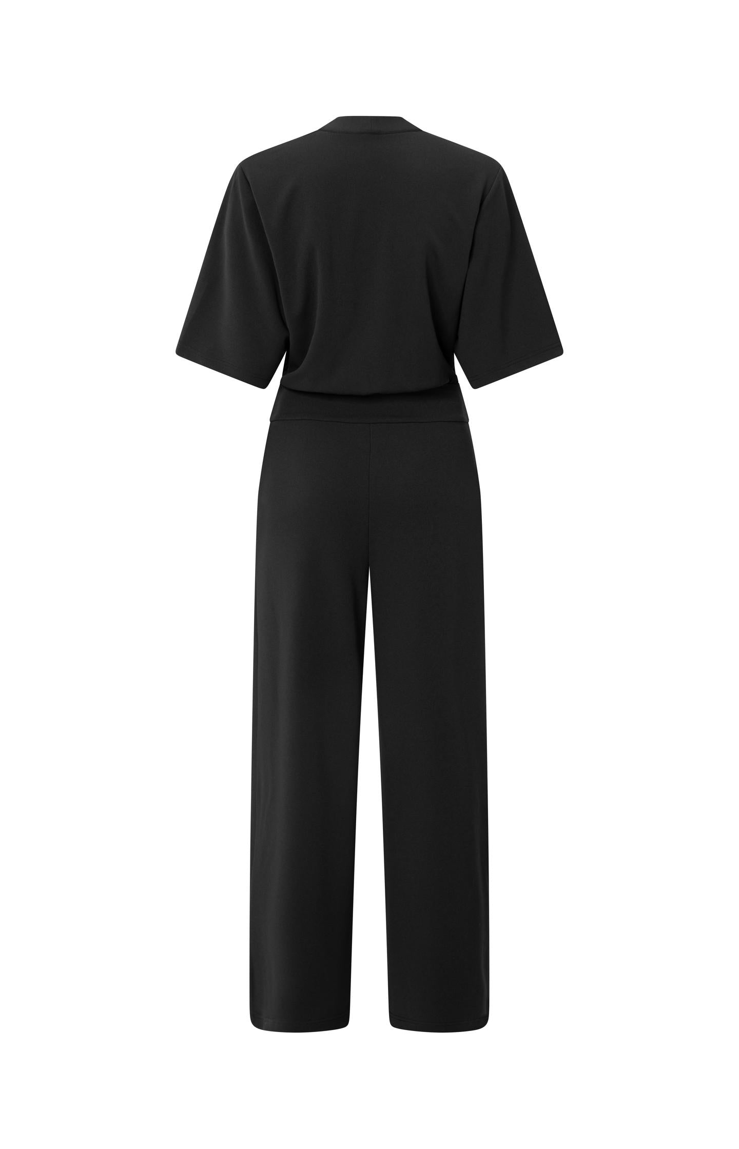 Zwarte jersey jumpsuit met korte mouwen en strikceintuur