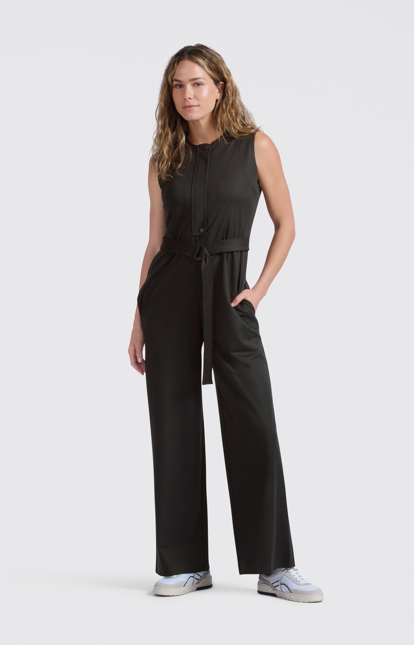 Jersey jumpsuit with tie belt