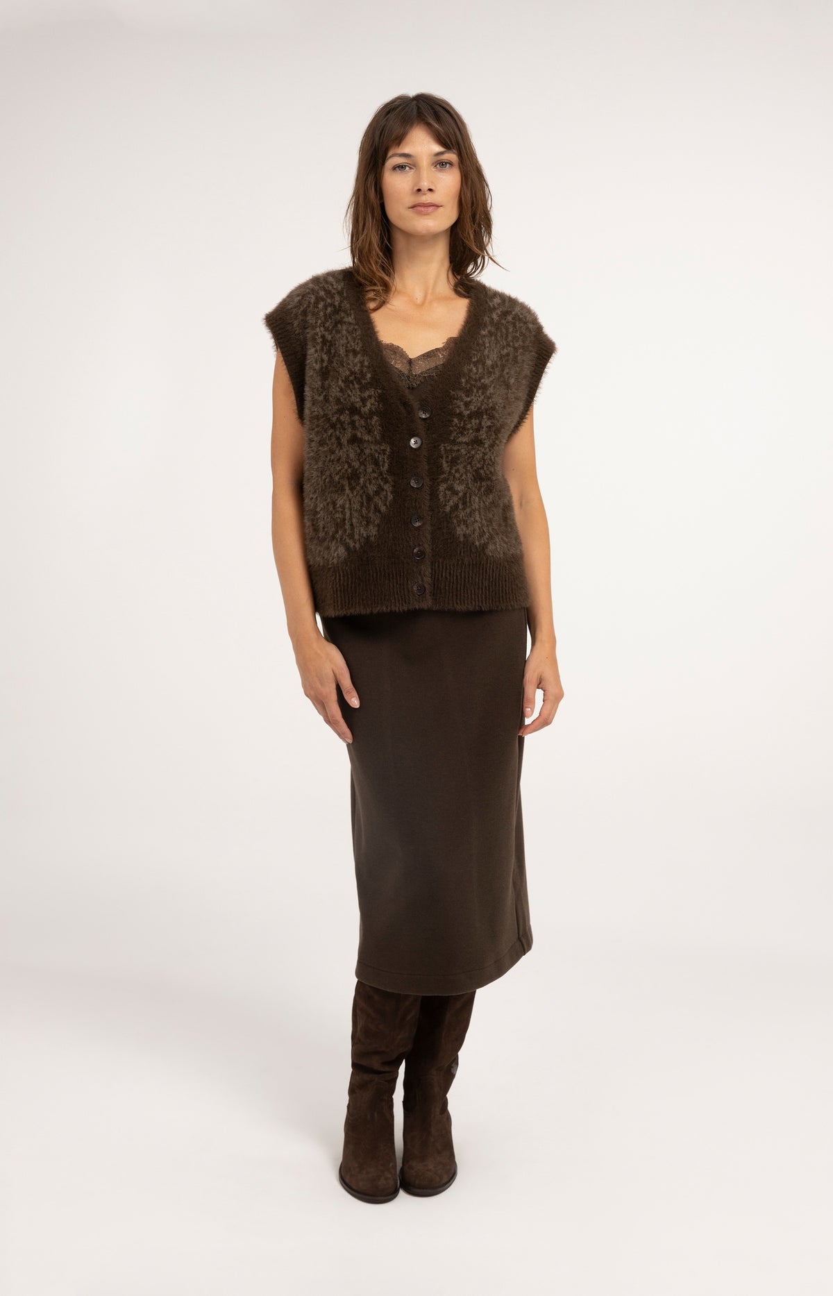 Jersey midi skirt with brushed fabric - Delicioso Brown