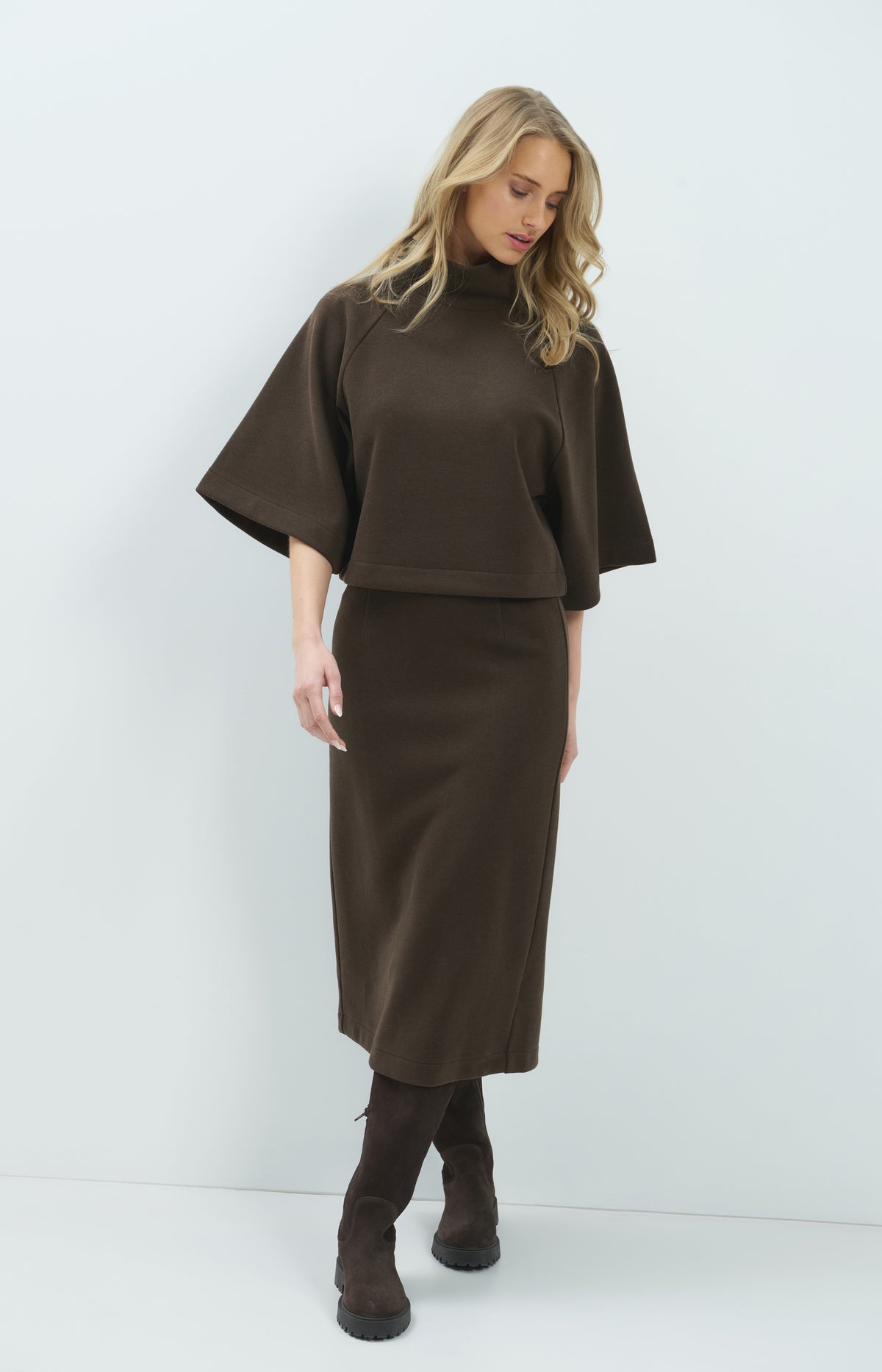 Jersey midi skirt with brushed fabric - Delicioso Brown
