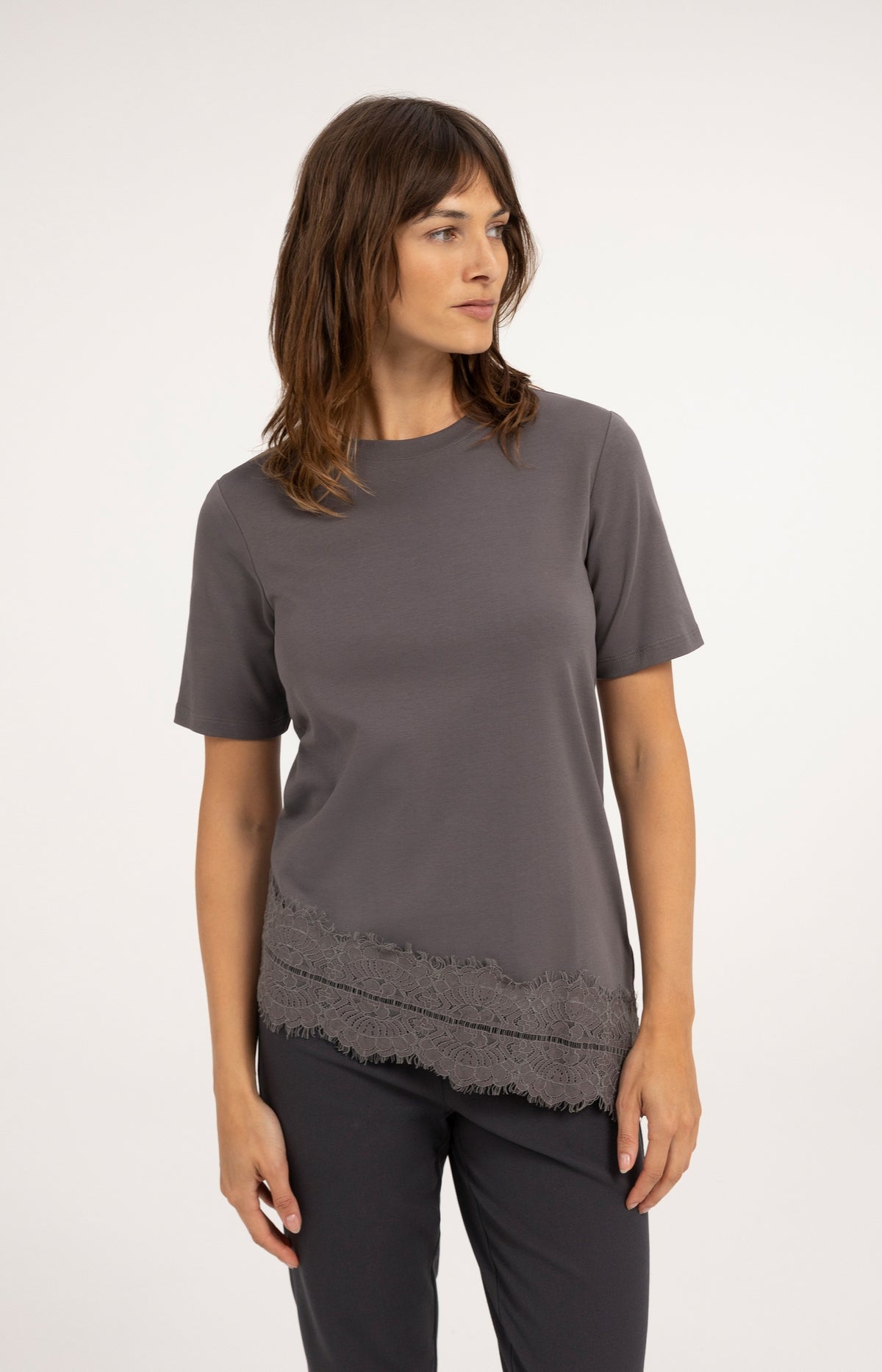 T-shirt en jersey et bordure en dentelle - Pavement Grey