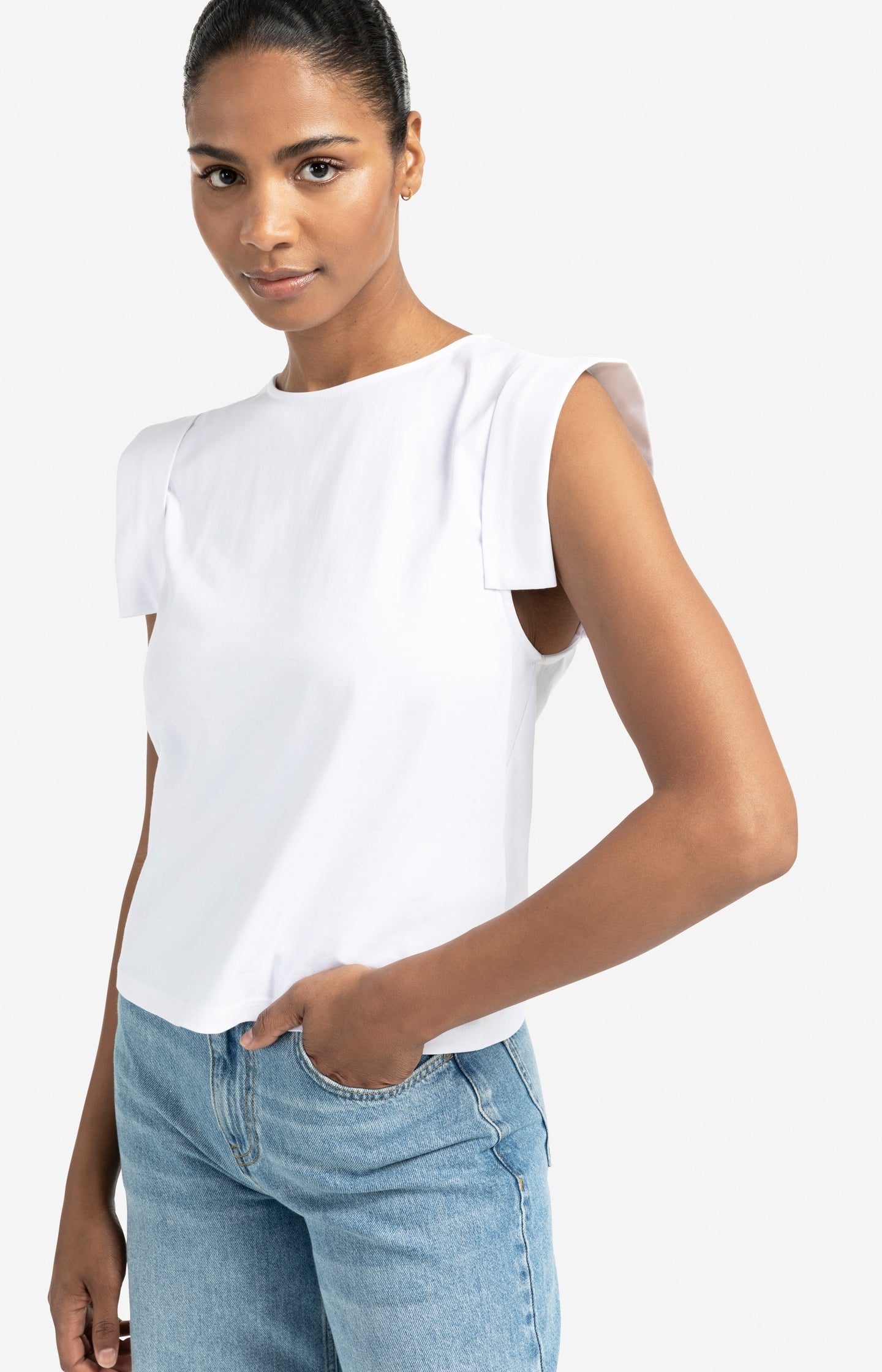 Jersey top with fixed turn-up sleeves