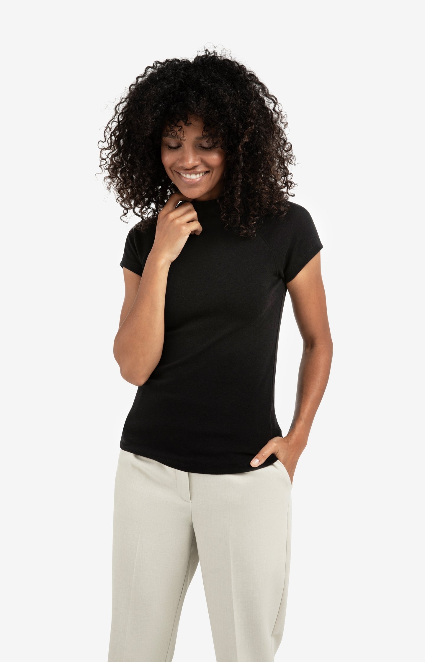 Jersey top with high neck and raglan sleeves