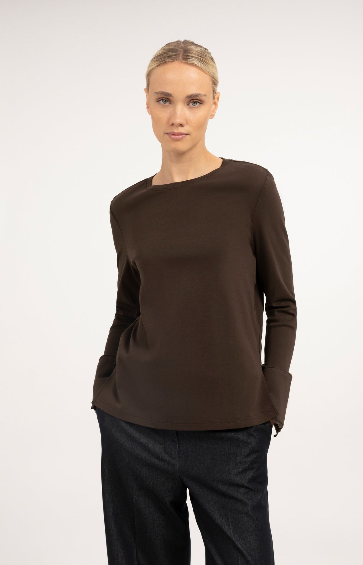 Jersey top with lace cuffs - Brown